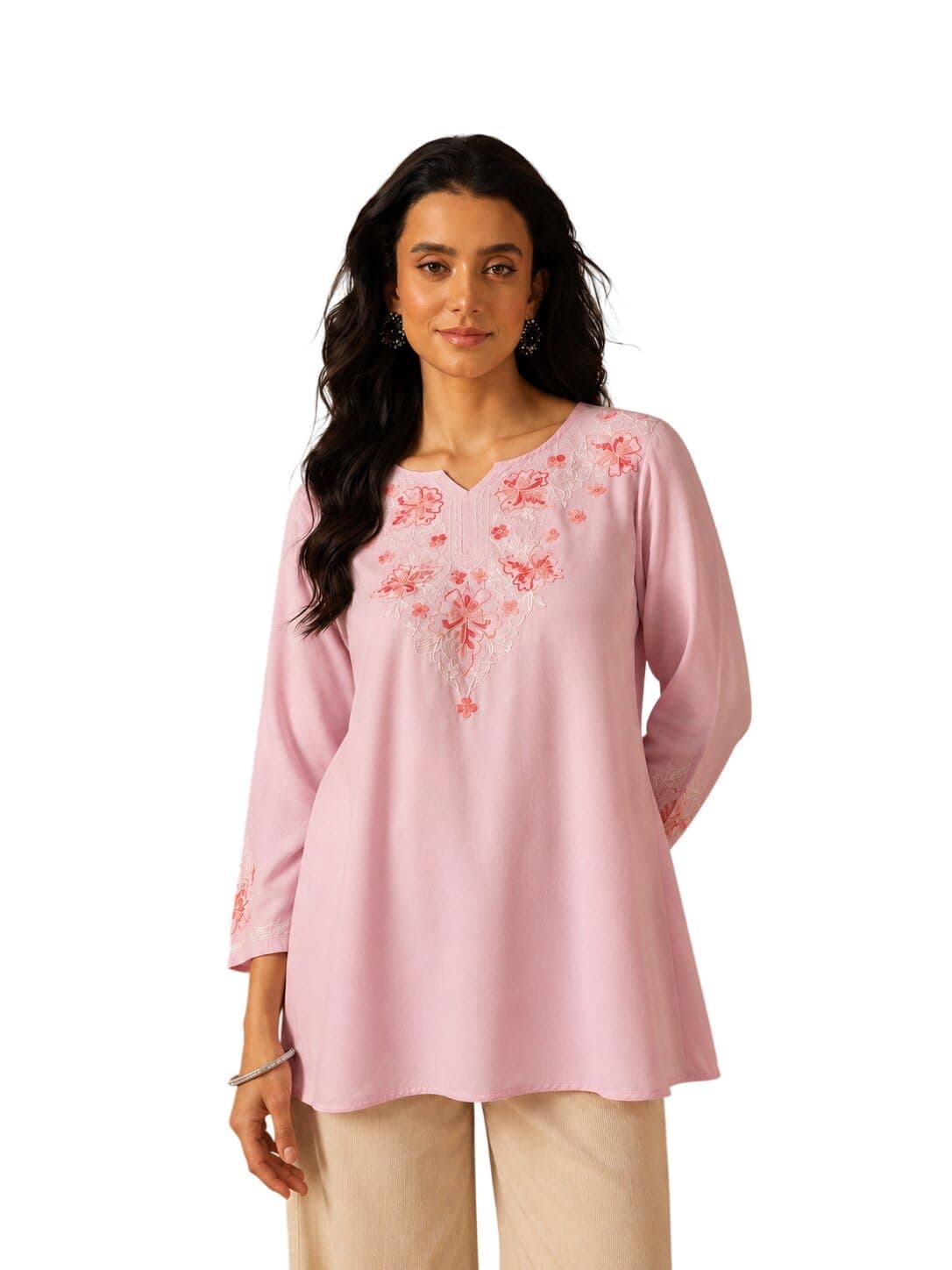QAZMI Women's Aari Embroidered Viscose Rayon Full Sleeves A-Line Flared Short Kurti