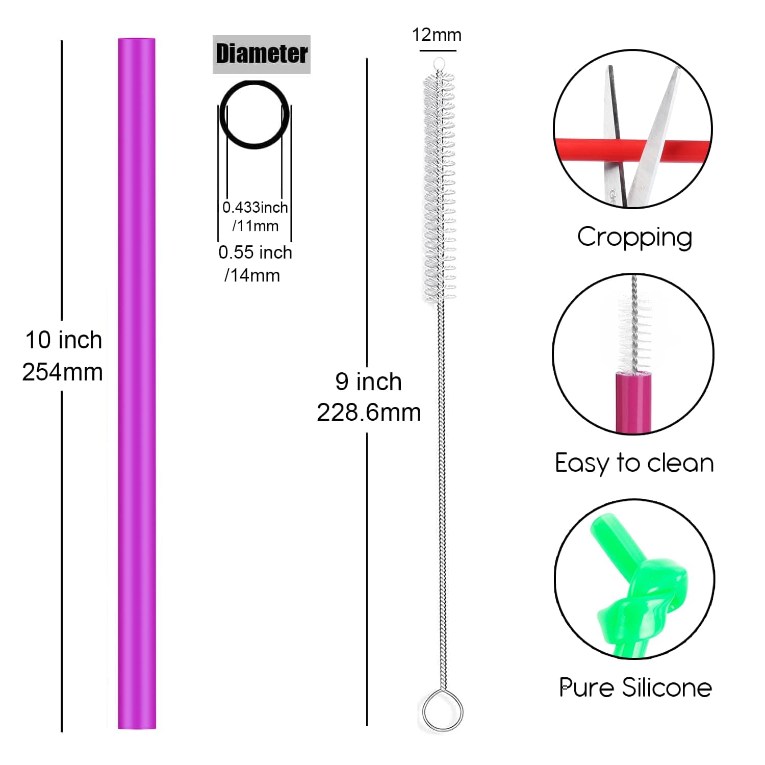 ALINK Reusable Boba Smoothie Straws, 10" Long Extra Wide Fat Silicone Straws for Drinking Bubble Tea, Milkshakes, Set of 6 with Cleaning Brush