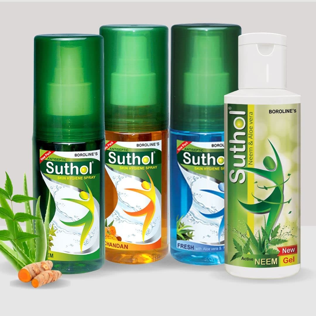 BOROLINE's Suthol Active Neem Gel 100 ml + Neem Spray 100 ml + Chandan + Aloe Vera | Stops Skin Irritations, Prickly Heat, Itching, Rashes (Pack of 4)