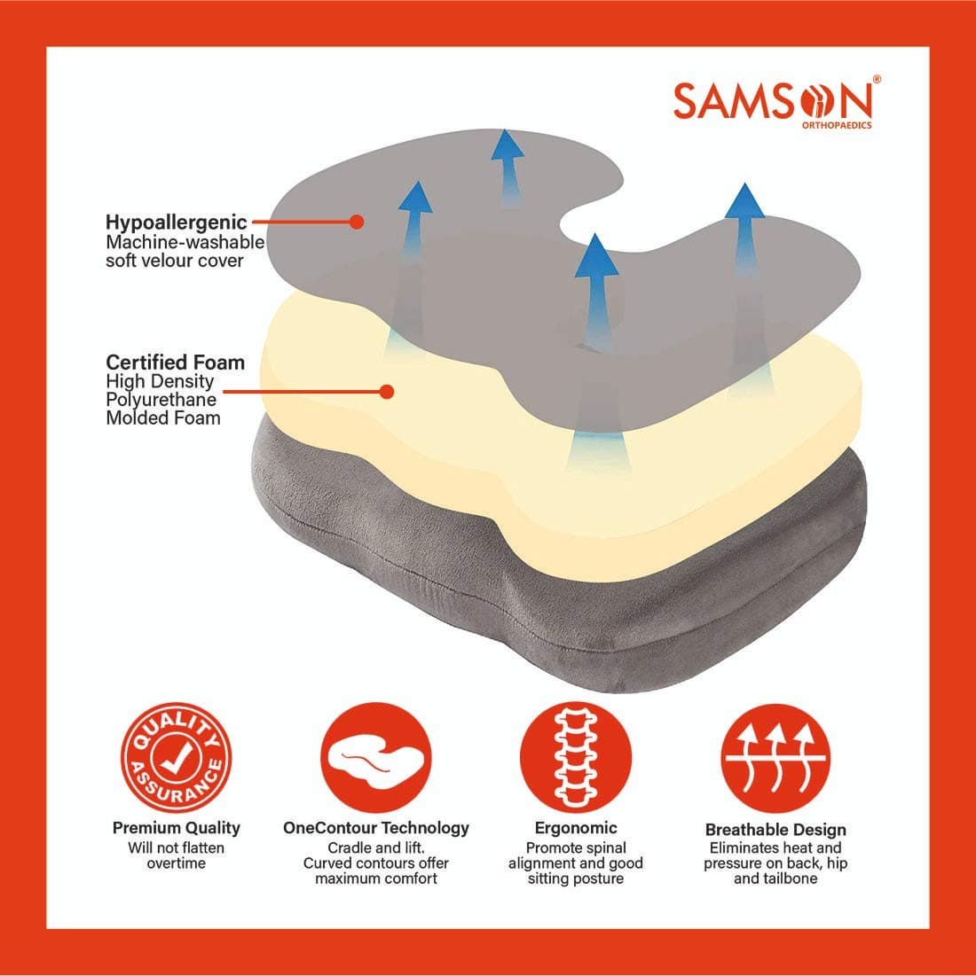 SAMSON Tailbone Coccyx Memory Foam Soft Seat Cushion for Sciatica, Tailbone, Coccyx, Back Pain Relief and Orthopedic
