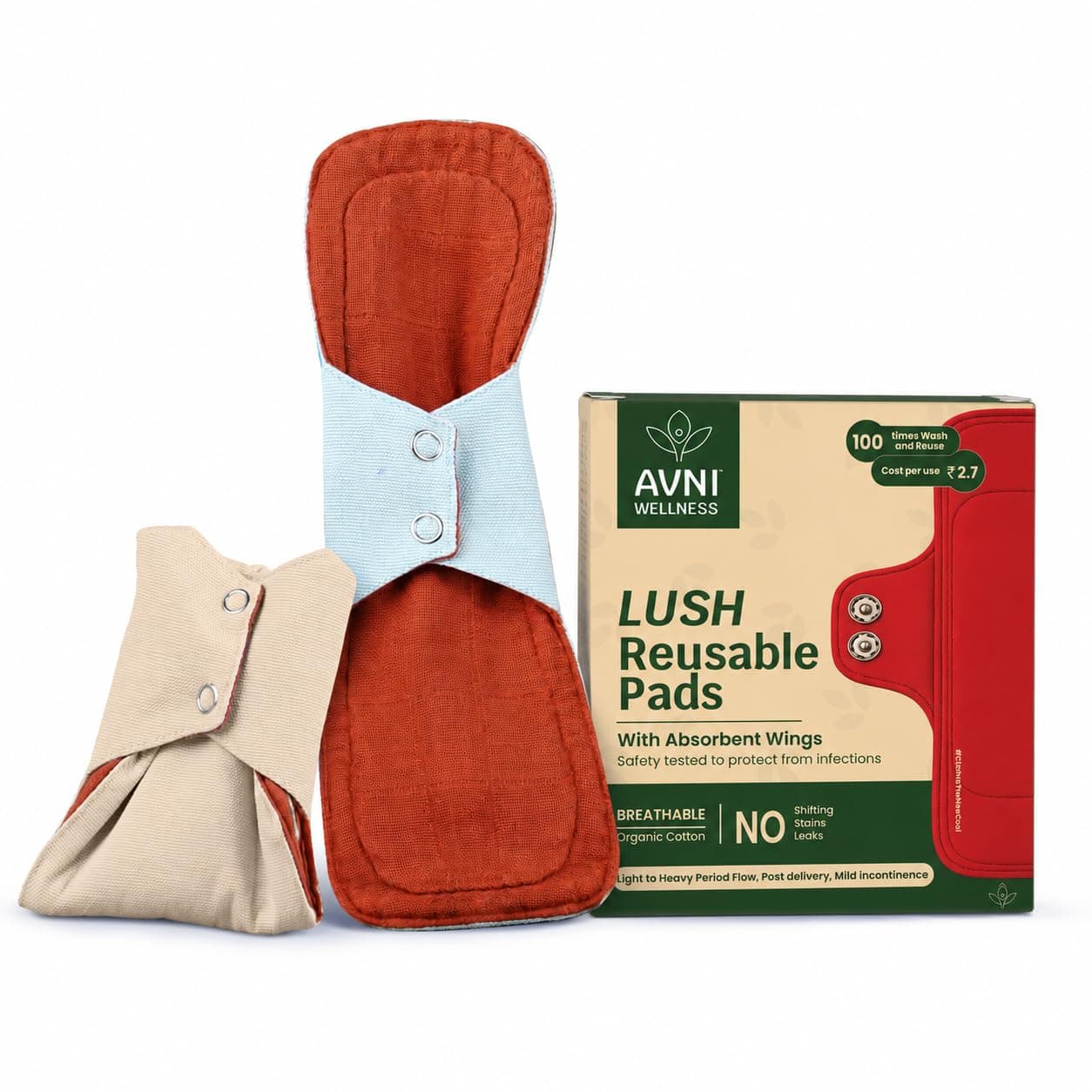 Lush Reusable Cloth Pads, size (2 XL + 2 XXL) Pack of 4 by Avni Wellness | Antimicrobial Washable Sanitary Pad | With Cloth Storage Pouch