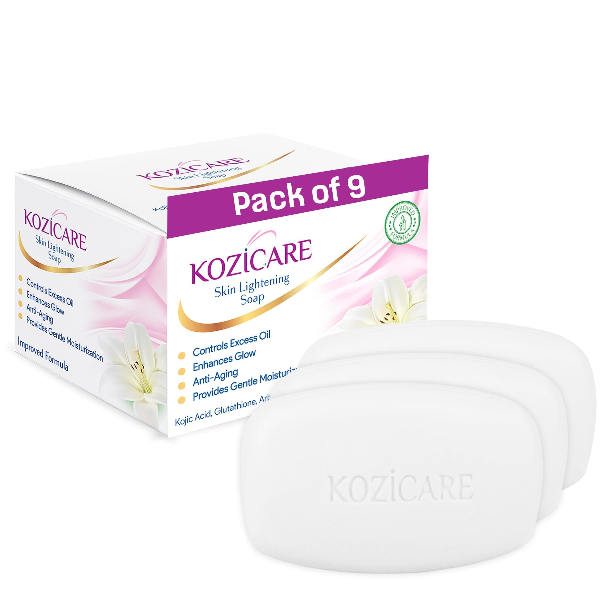 Kozicare Kojic Acid Soap & Glutathione Soap | Bathing Soaps | Bath Soap for Men & Women | Soaps for Bath | TFM Grade 1 Soap | Moisturize Skin | Fades Dark Spots | Gentle Exfoliation - Pack of 9