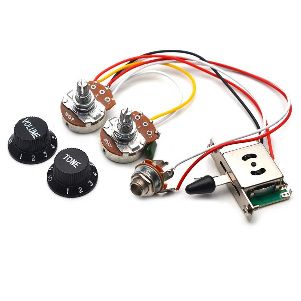 GETMusic Guitar Wiring Harness Set Prewired 500K Big Pots 5 Way Switch Wiring Harness Kit with 6.35 Output/Black Knobs for Electric Guitar