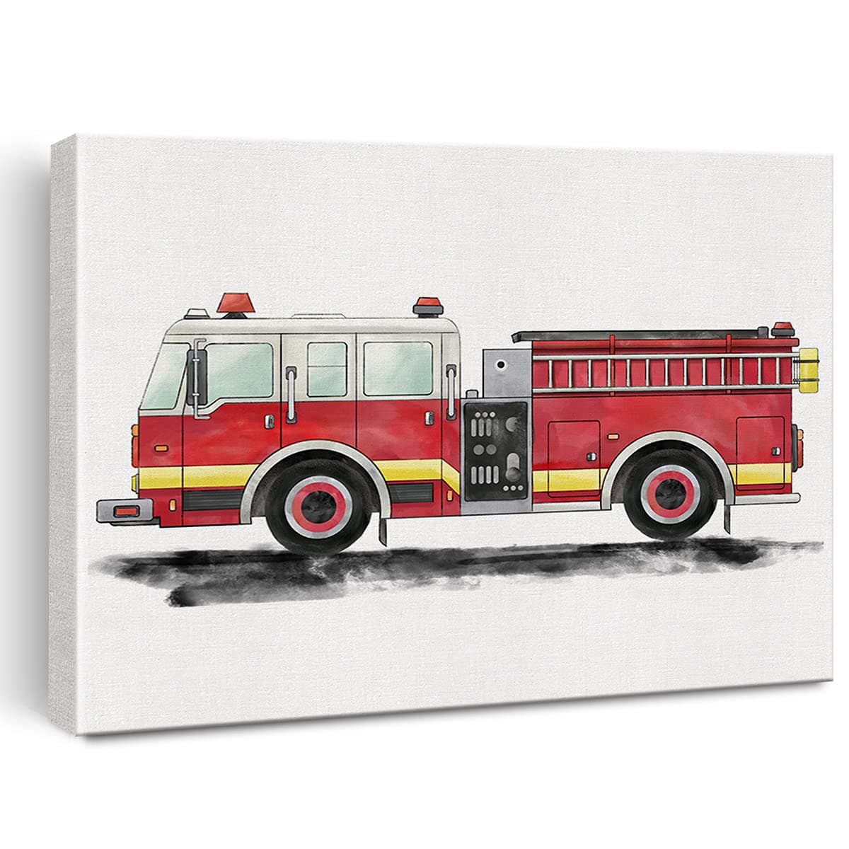 Firetruck Canvas Wall Art Watercolor Transportation Vehicles Fire Engine Canvas Painting Prints for Home Boys Bedroom Nursery Wall Decor Framed Artwork Gifts(12x15 Inch)
