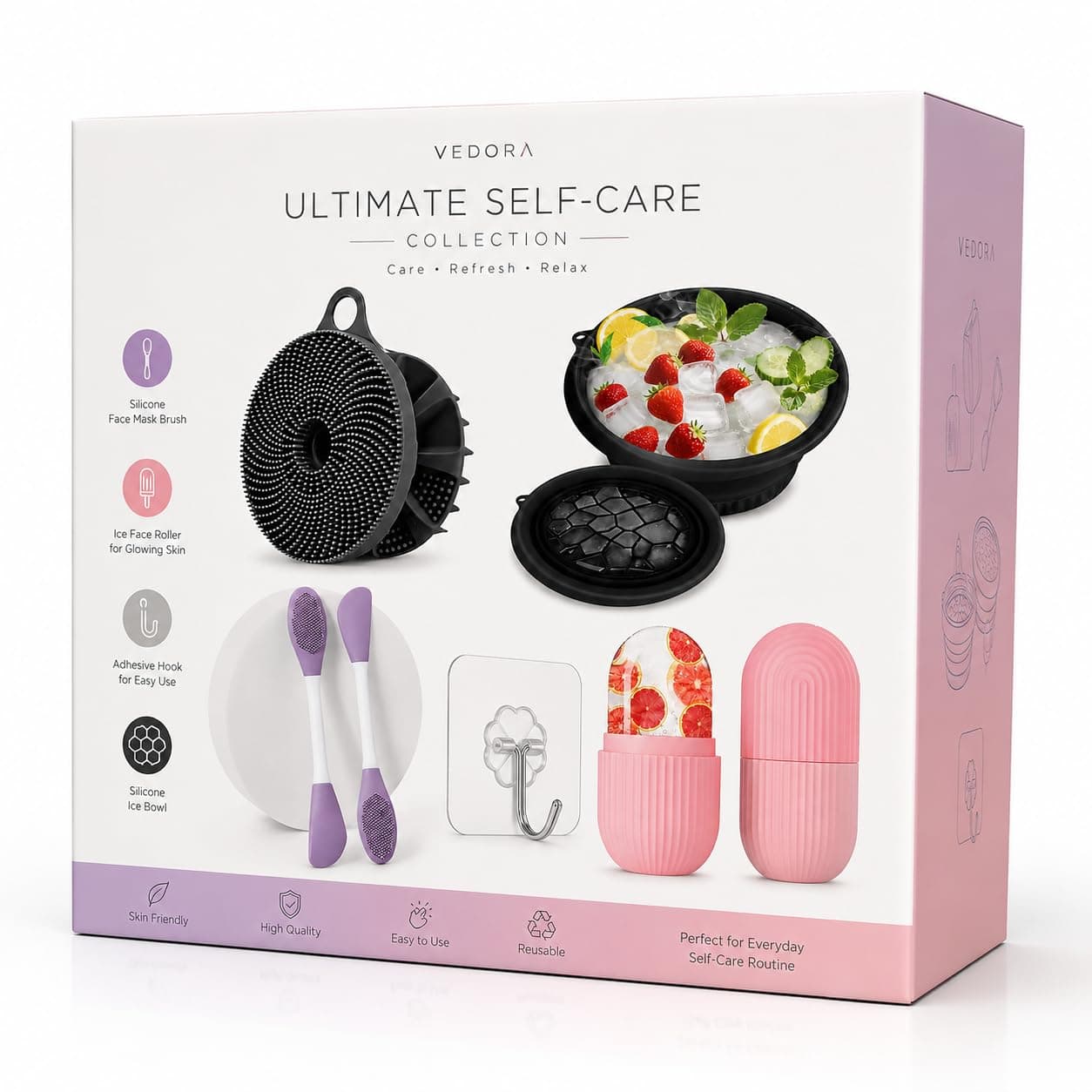 VEDORA 5 in 1 Ice Facial Skincare Combo | Ice Roller + Ice Facial Bowl + Silicone Nose Scrubber + Body Scrubber +1Pcs Wall Hooks | Complete Face & Body Care Kit