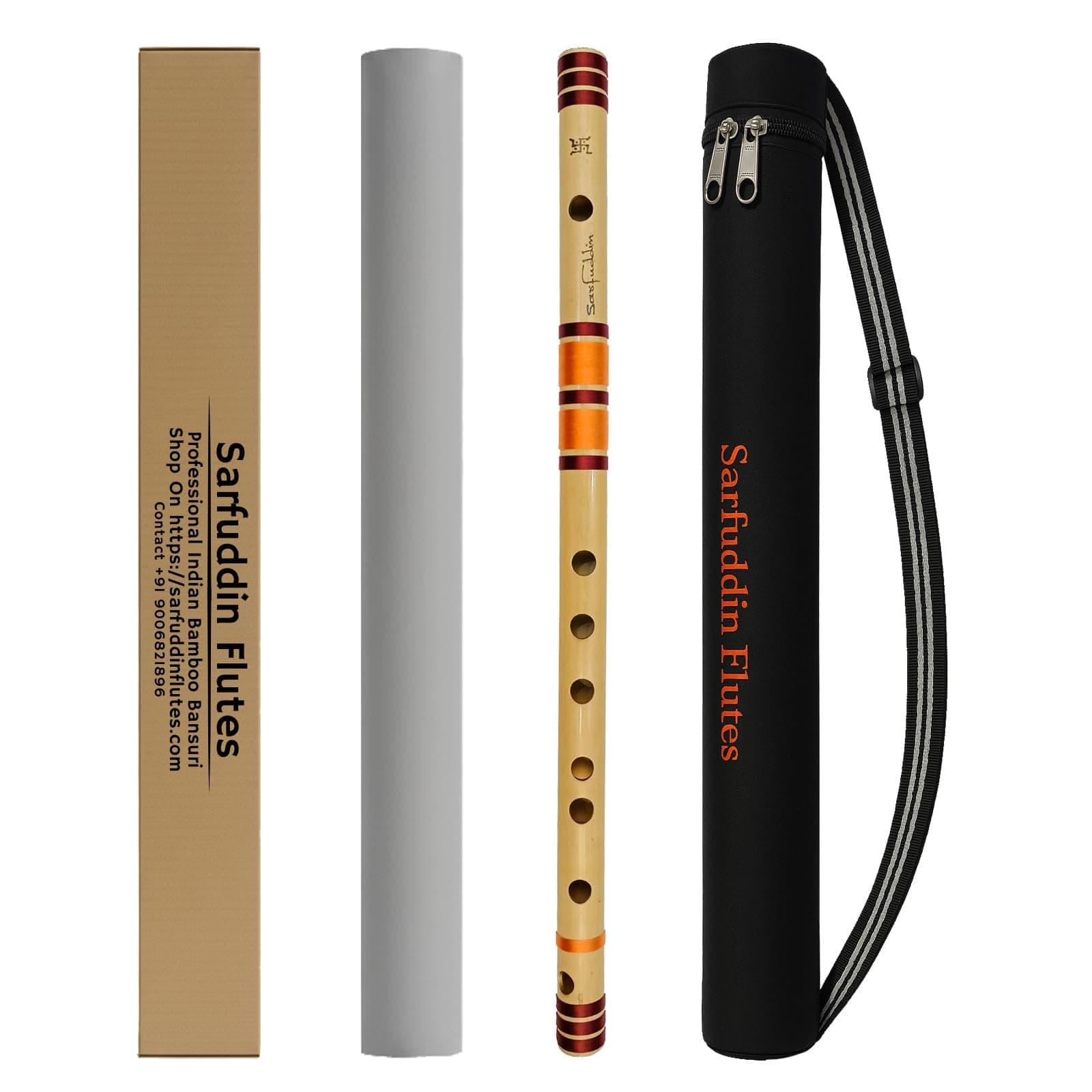 Sarfuddin Flutes C Natural Medium Bamboo Flute Bansuri Professional Tuned 440hz Size 19 Inches Brown And Orange Color Thread Combination With Black Carry Bag