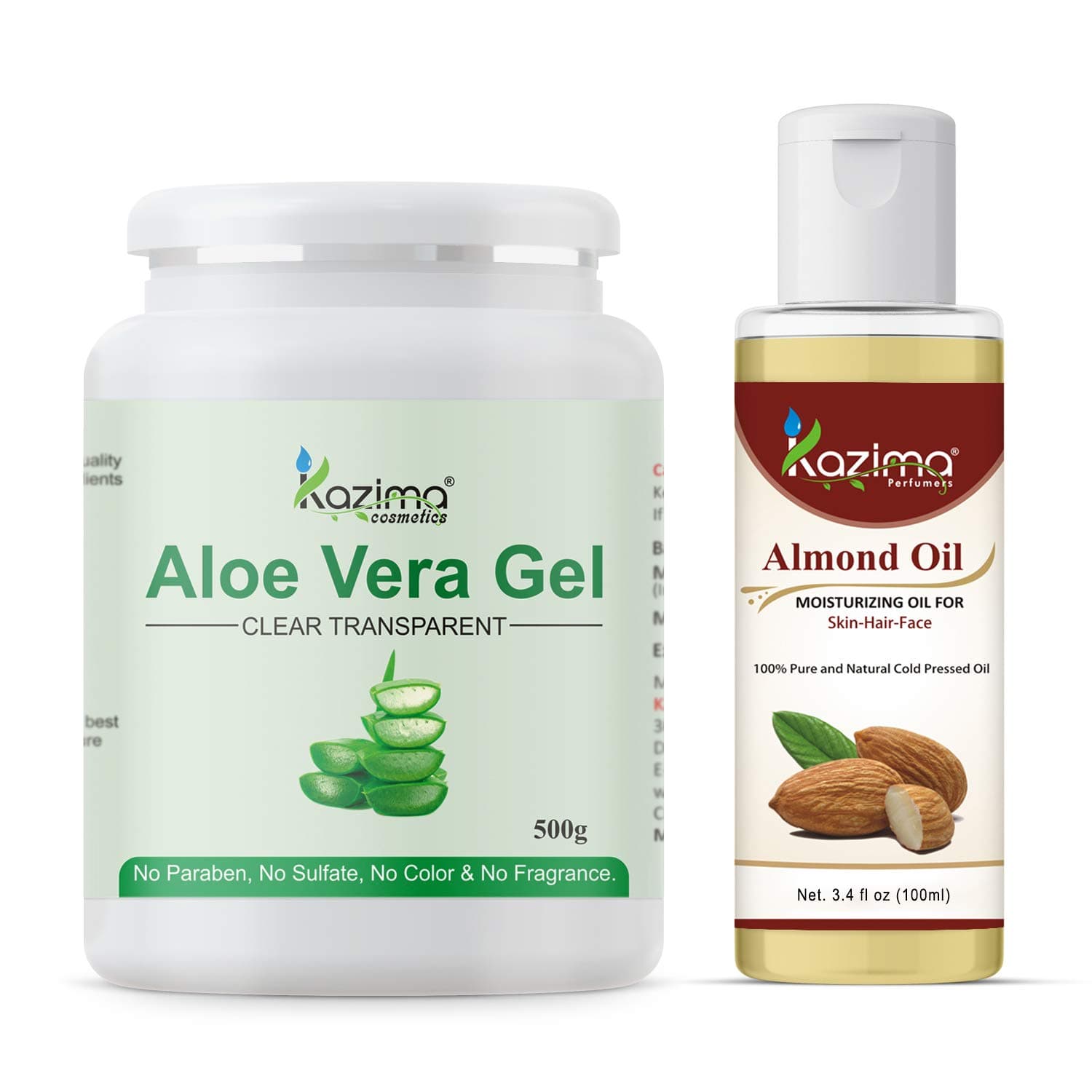 KAZIMA Combo of Aloe Vera Gel 500g & Almond Carrier Oil 100ml - 100% Pure & Natural for Skin, Face, Acne Scars, Hair, Moisturizer & Dark Circles (Combo of 2)
