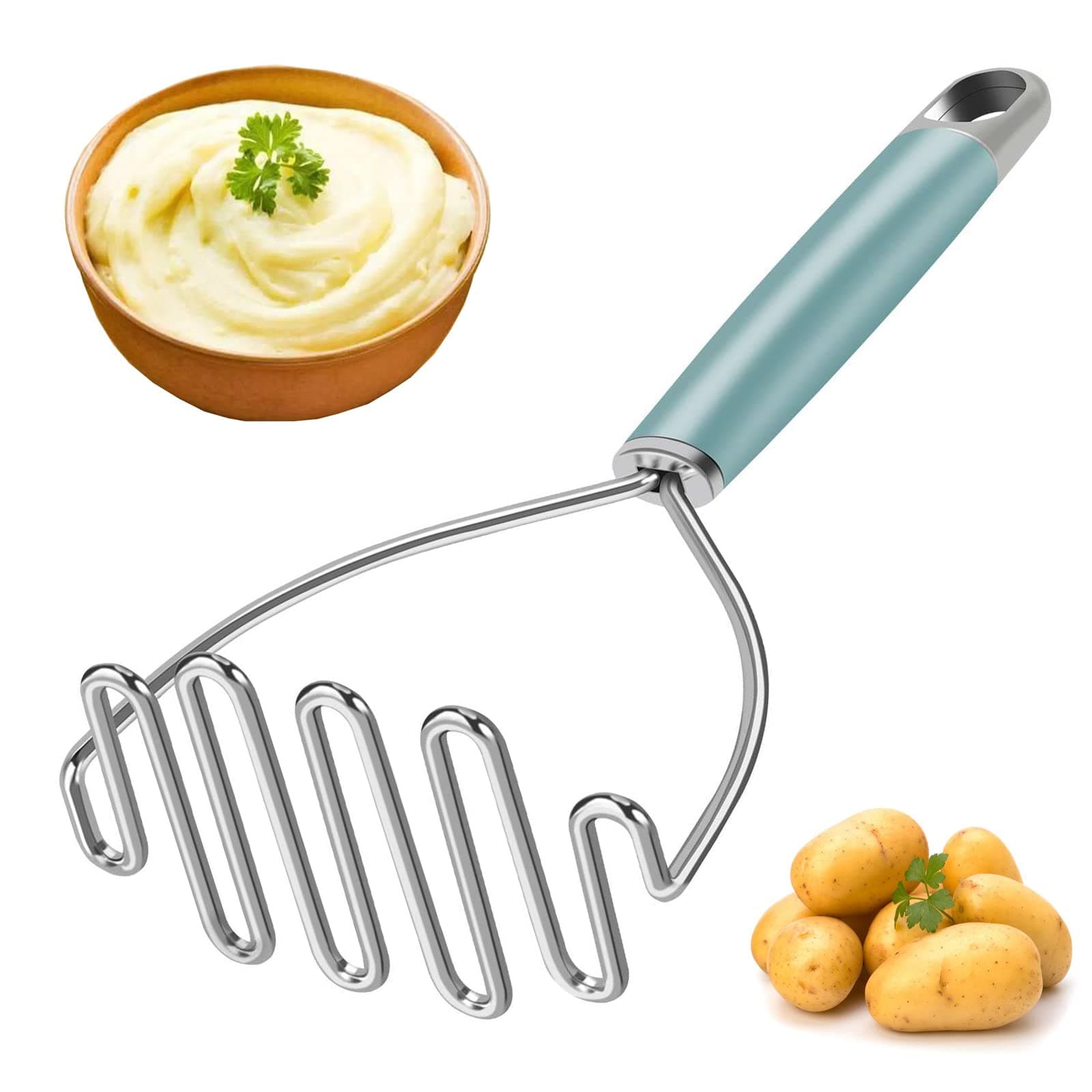 BEIYA Potato Masher, Premium Masher Kitchen Tool, Heavy Duty Potato Masher Stainless Steel, Metal Wire Mashed Potatoes Masher for Mashing Avocado, Bean, Vegetables, Food, Dishwasher Safe- Aqua Sky