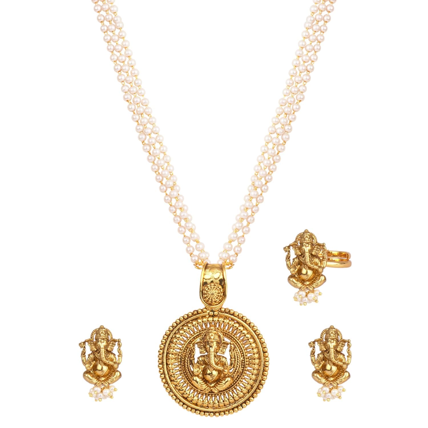JFL - Jewellery for Less Traditional Ethnic Gold Plated Lord Ganesh Pendant Pearl String Chain With Earring & Finger Ring for Women & Girls.