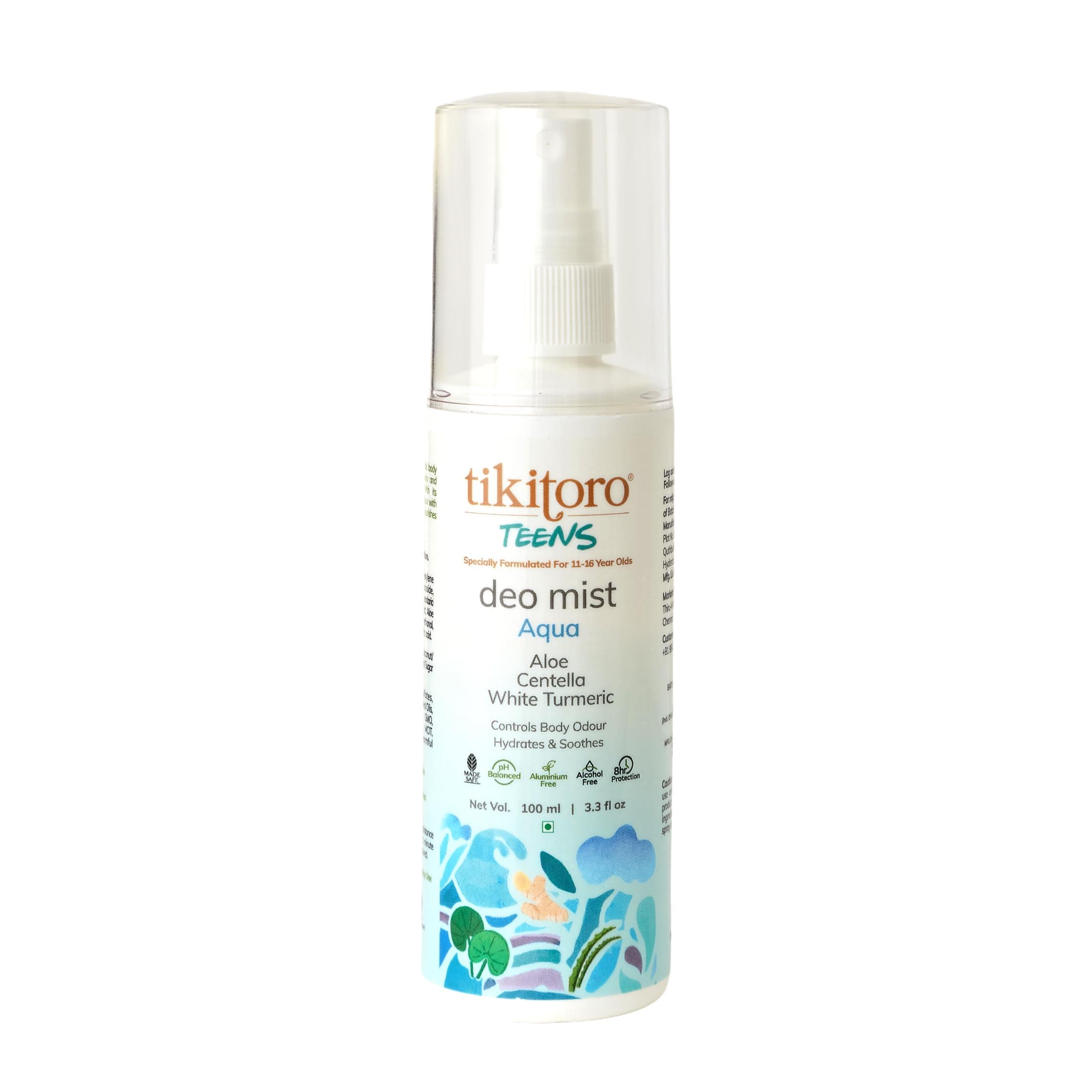 Tikitoro Teens Deo Mist Aqua | Alcohol-Free Deo for Teens with Aloe and Centella | 8 Hr Odour Control | Aluminium and Allergen Free Refreshing Fragrance for Girls and Boys (Age: 11+) (100ml x 1)