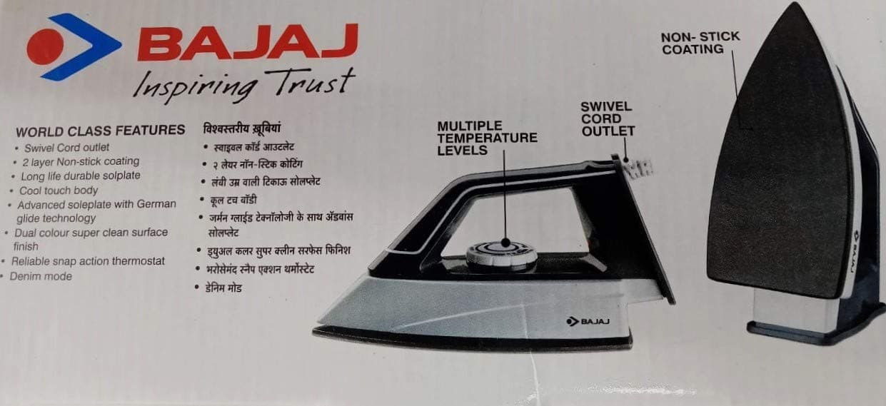 Bajaj DX14 Lightweight Dry Iron | 2 Layer Non-Stick Coating | Cool Touch Body | Advanced Soleplate With German Glide Technology | 2 Yr Warranty 【Black/White】