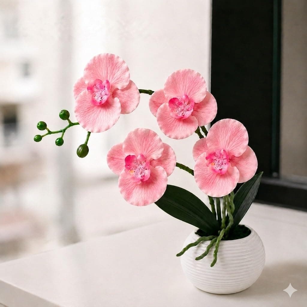 CURATED CART Artifical Orchid Flower Pot, Latex Flower with Vase, Ideal for Home Décor, Office Décor, Gifting, 4 Flower Heads, Size 36 x 9cm
