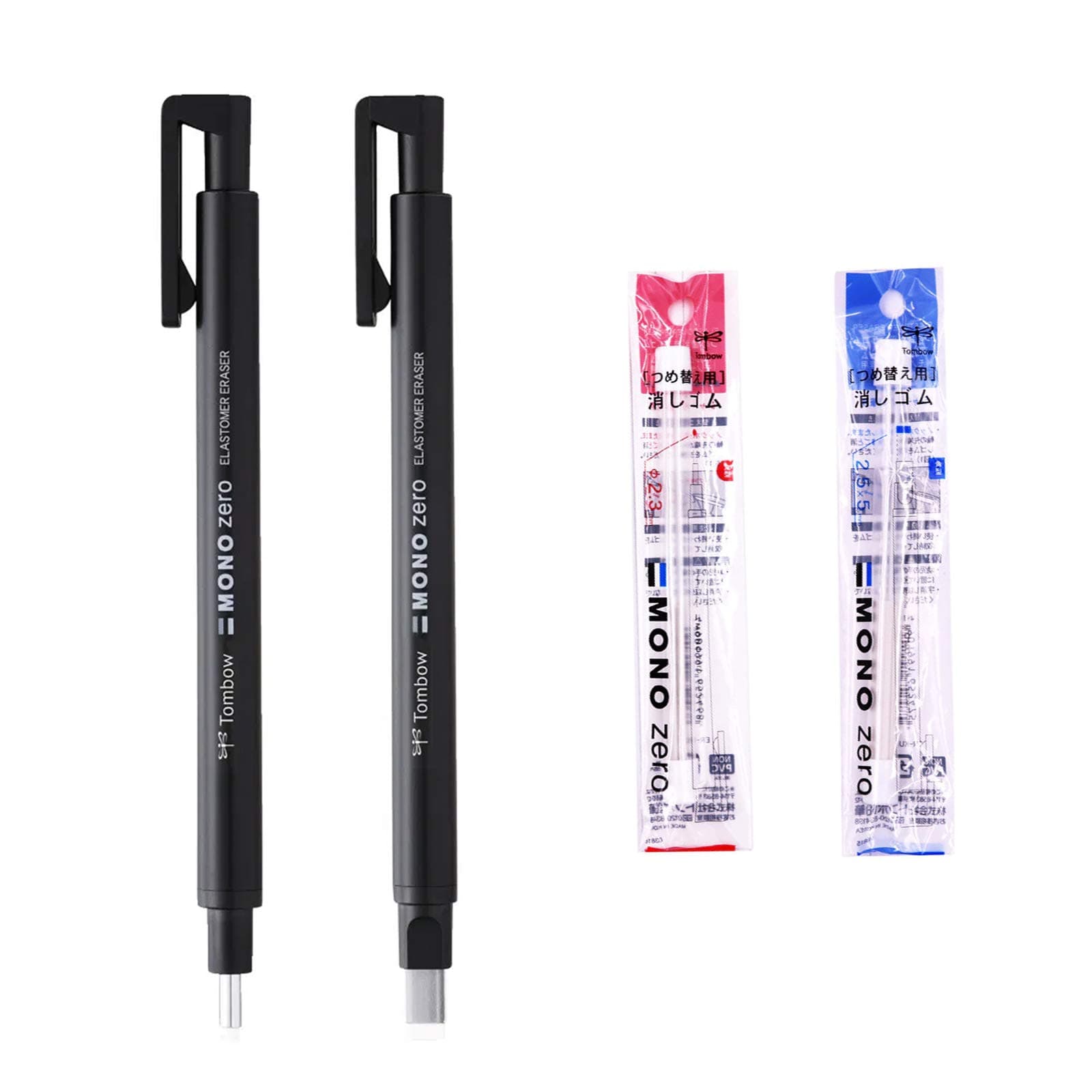Tombow Mono Zero Eraser Holder Set - Round & Square Tips, 4 Erasers Total, Black