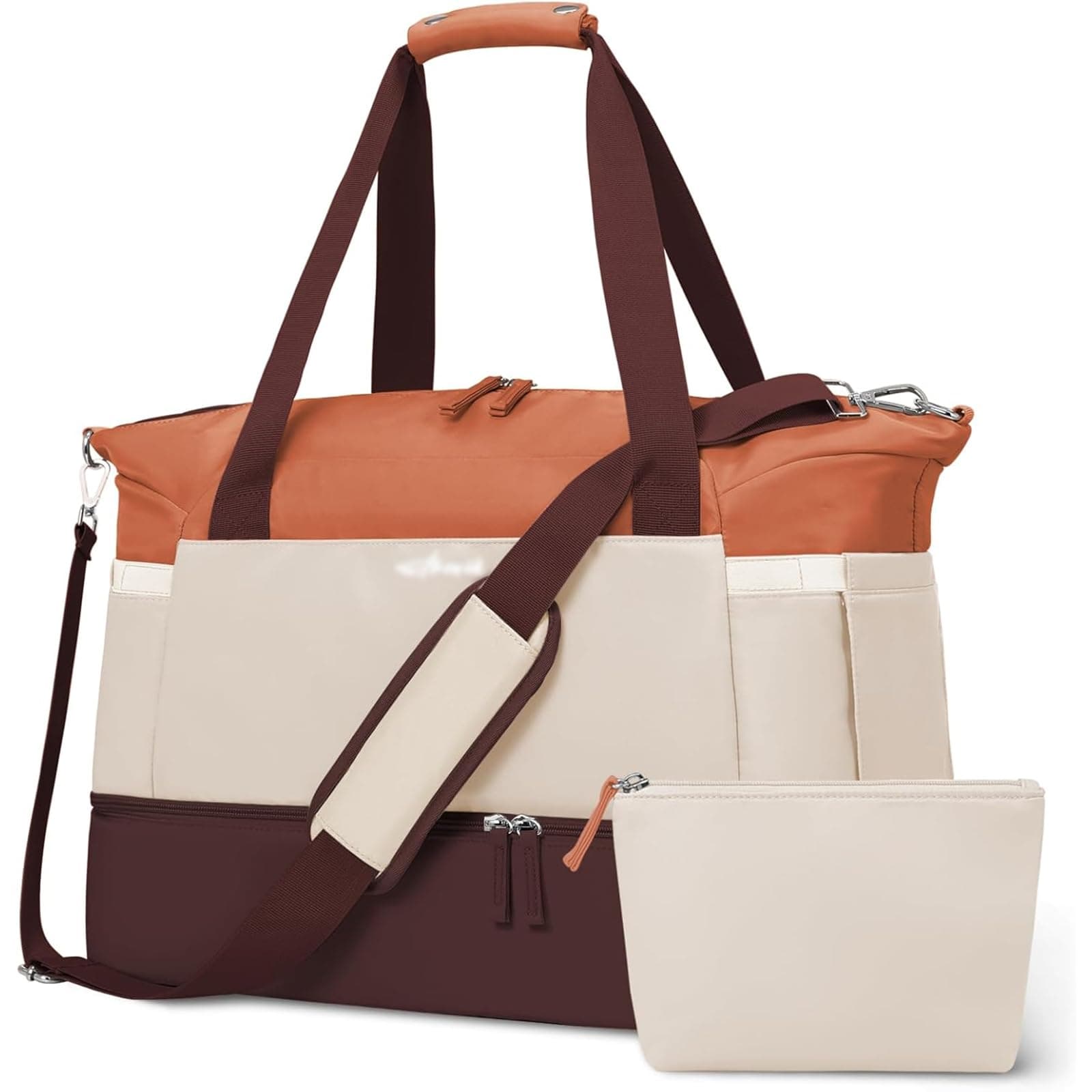 Gym Bag for Women, Carry On Travel Duffel Bag with Shoes Compartment, Orange Khaki Brown, Medium, Travel