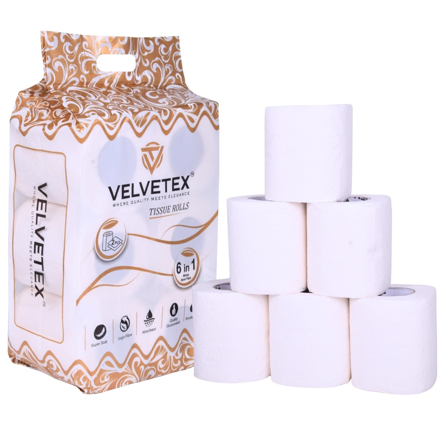 VELVETEX Premium 2 Ply Toilet Tissue Paper Rolls - Pack of 6 (230 Pulls/Roll, Total Pulls -1380), Super Soft Virgin Fibre, Absorbent, Biodegradable, Elegant Embossed Pattern