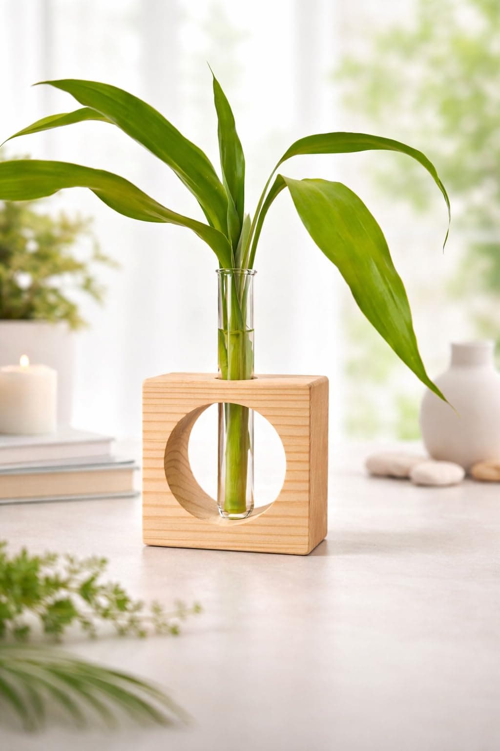 Ancient Shoppee Wooden 1 Glass Test Tube Home Decor Planter Modern Flower Vase with Wood Stand Plant Propagation Natural