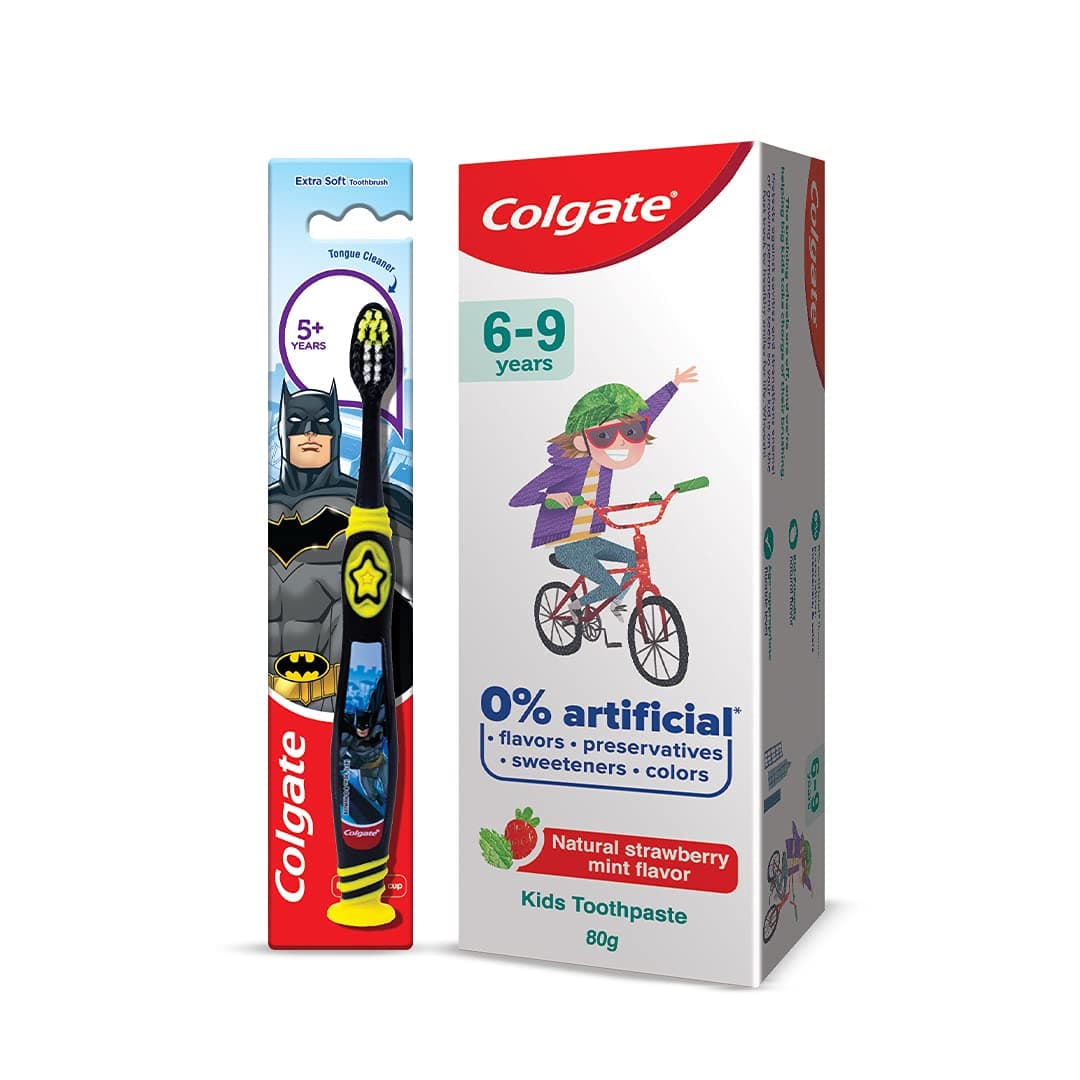 Colgate Kids Cavity Protection Toothpaste for 6-9 Years, 80g, Natural Strawberry Mint Flavour, 0% Artificial substances, SLS Free, with Colgate Batman Extra Soft bristles Toothbrush 5+ years