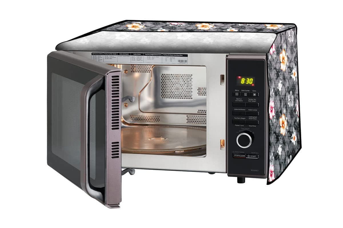 The Furnishing Tree Microwave Oven Cover full closure PVC suitable for all major brands for size LxWxH 19x21x13 in inches Floral Pattern Multi Grey
