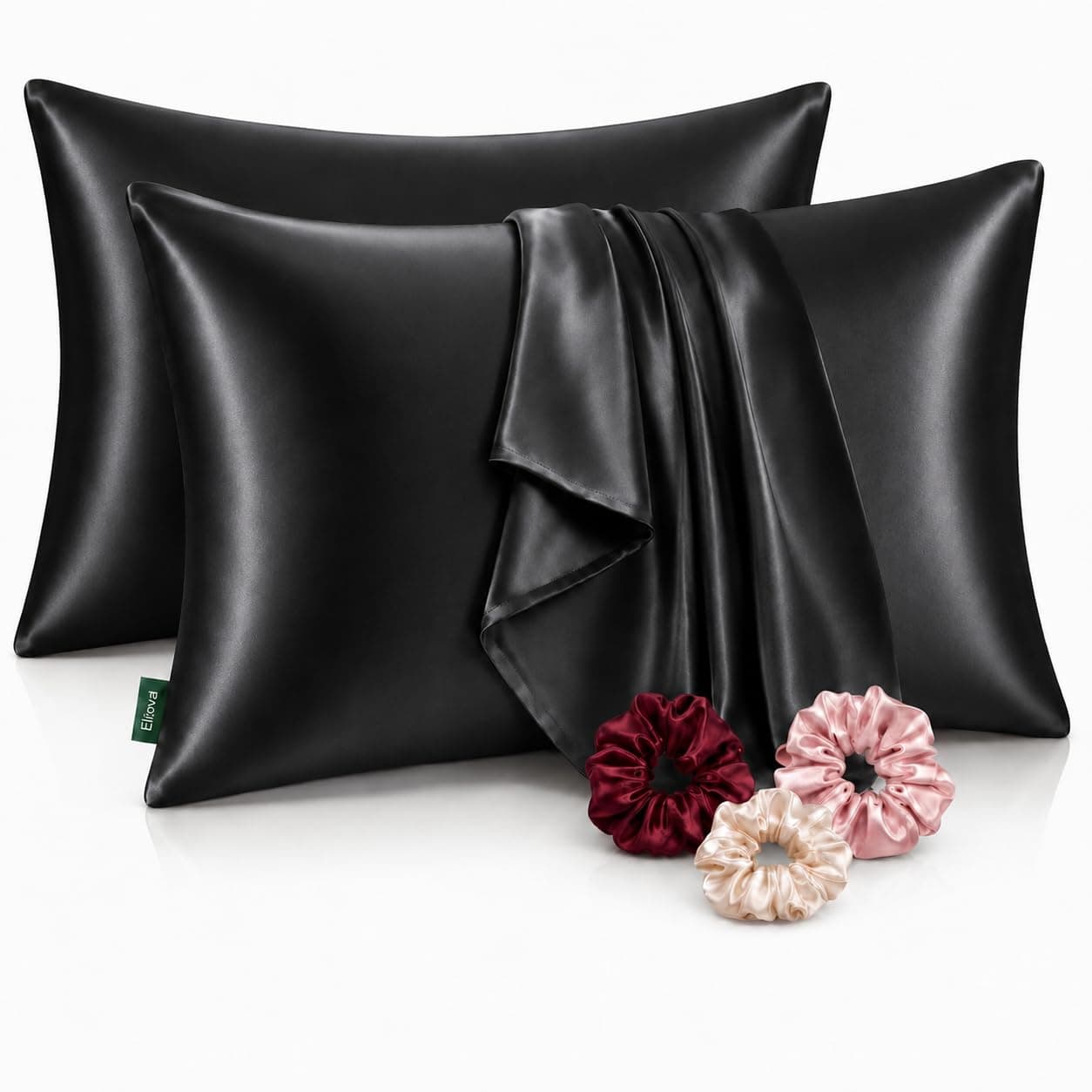 Eliova Satin Pillow Covers for Hair & Skin – Set of 2 with 3 Satin Scrunchies | Soft Cooling Satin Pillowcase | Standard Size 72 x 48 cm