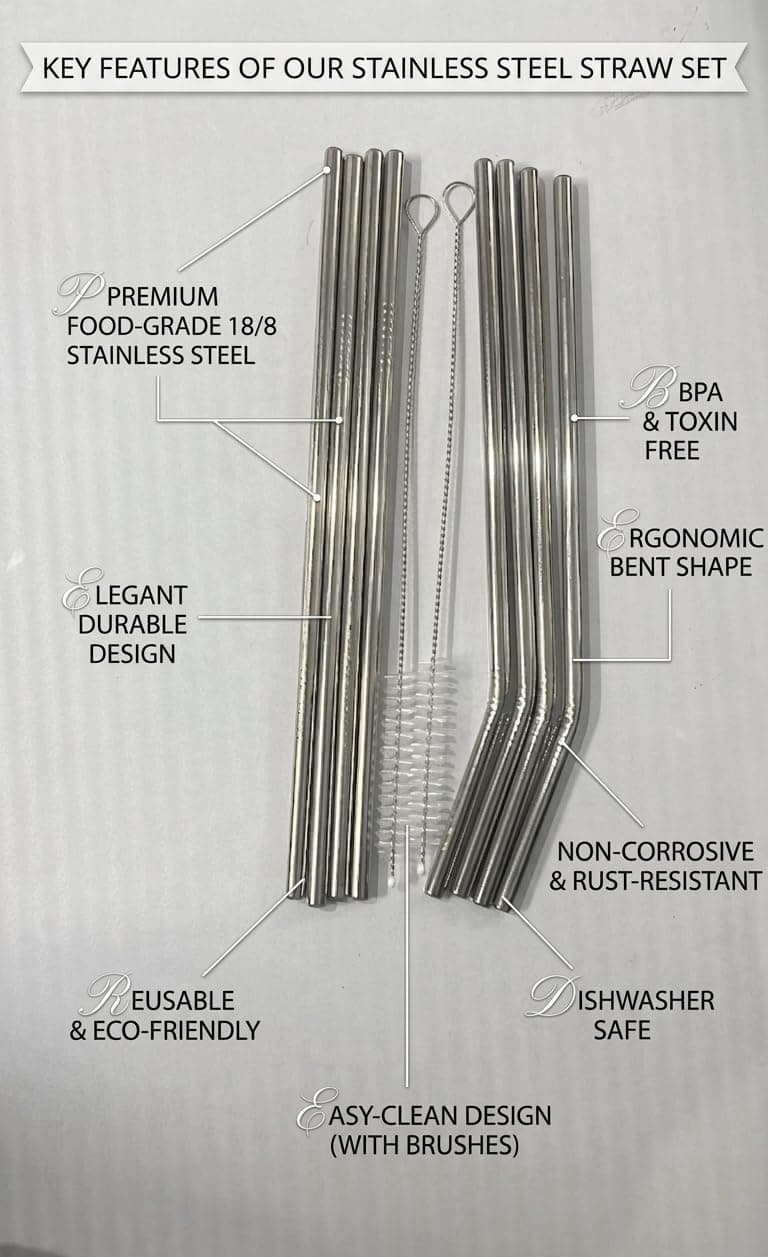 Stainless Steel Drinking Straws, Set of 8 with 2 Cleaning Brushes, Straight and Bent Style, Reusable, Stanless Steel