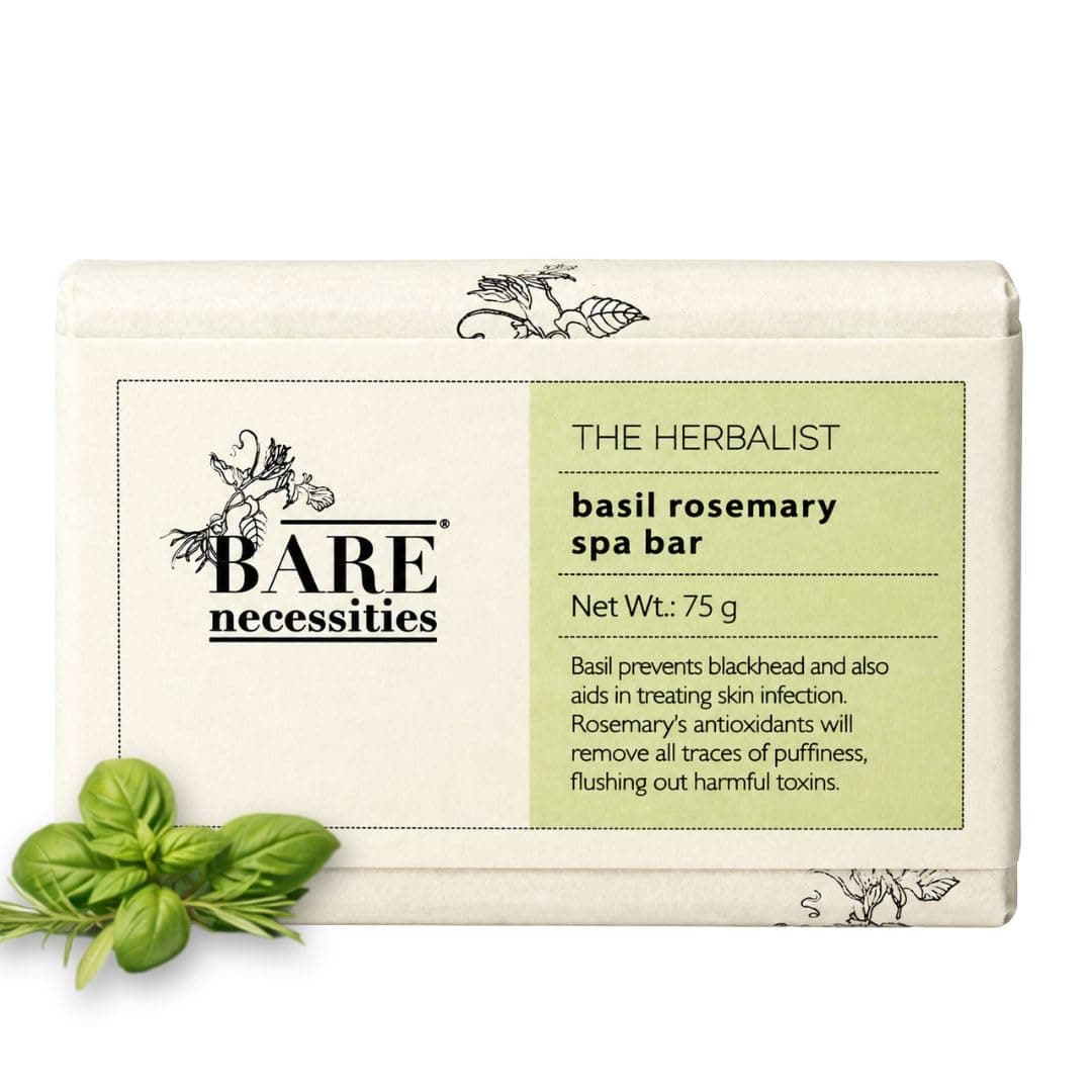 Bare Necessities Basil & Rosemary Handmade Soap | Cold Processed, Vegan Organic | Anti-Acne, Soothing & Brightening Bar for Face & Body | With Pure Neem & Rosemary Essential Oils | 75g