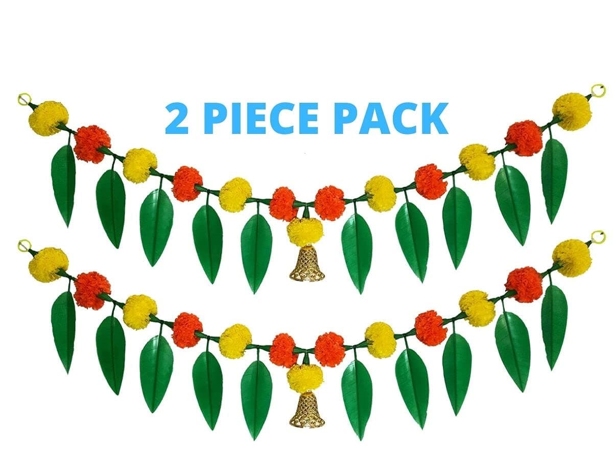 afarza Handmade Artificial Marigold Flower Garlands with Mango Leaves with Plastic Bell Door Wall Hanging Toran (Multicolour) - 2 Pieces Pack, 42x6 inch