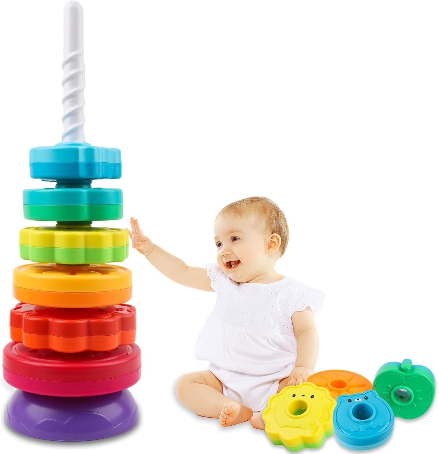 Cable World Baby Spinning Stacking Toys for Toddlers 1-3, Rainbow Ring Stacker Montessori Toys for Babies, 1 2 3 One Year Old Girl Boy Christmas Birthday Gifts, Autism Sensory Learning Toy