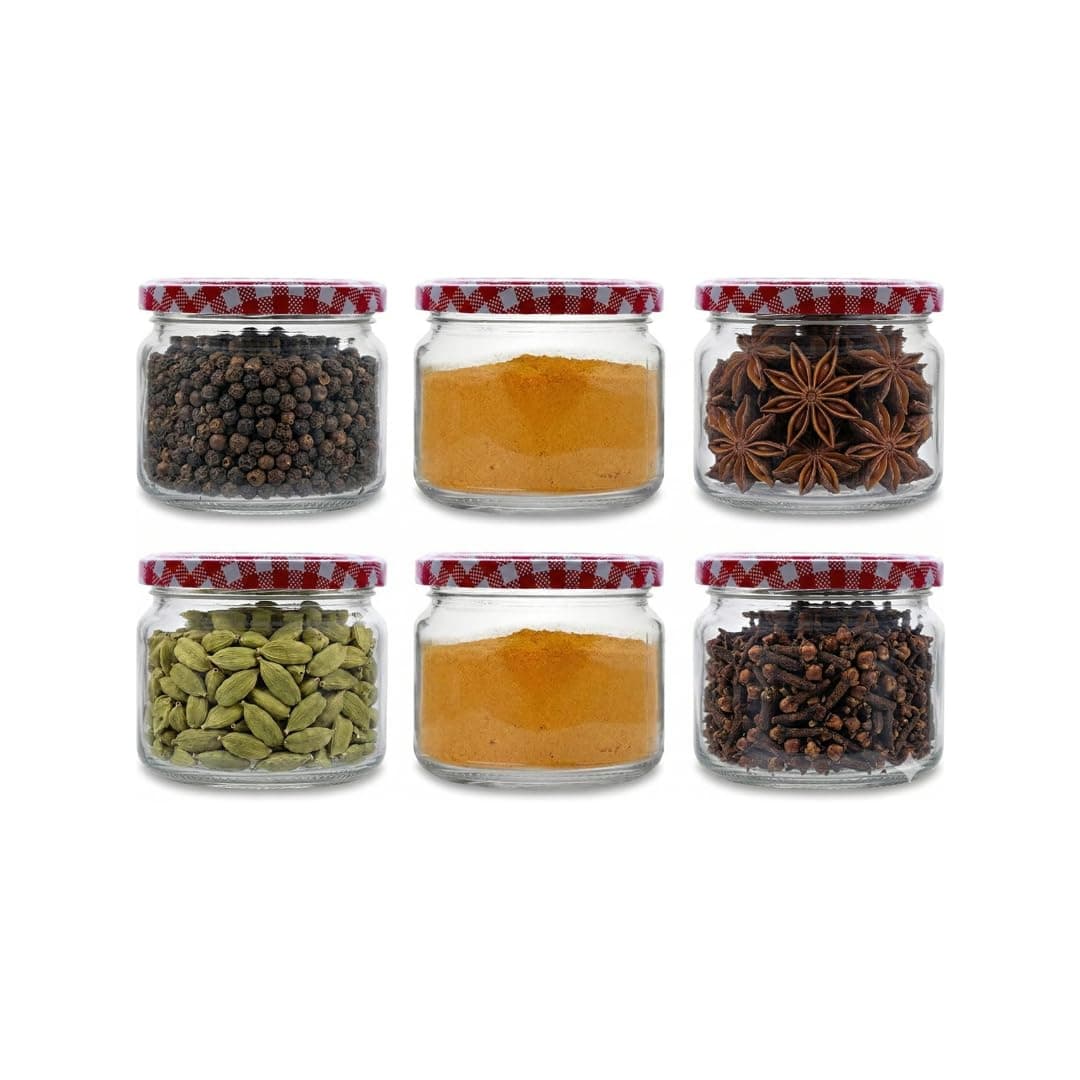 CROCO JAR Round Shape Glass Jars with Red Checks Airtight Lids | Premium Transparent Storage Containers for Kitchen, Spices, Pickles, Dry Fruits, Snacks & Pantry Organization | 300 ml | Set of 6