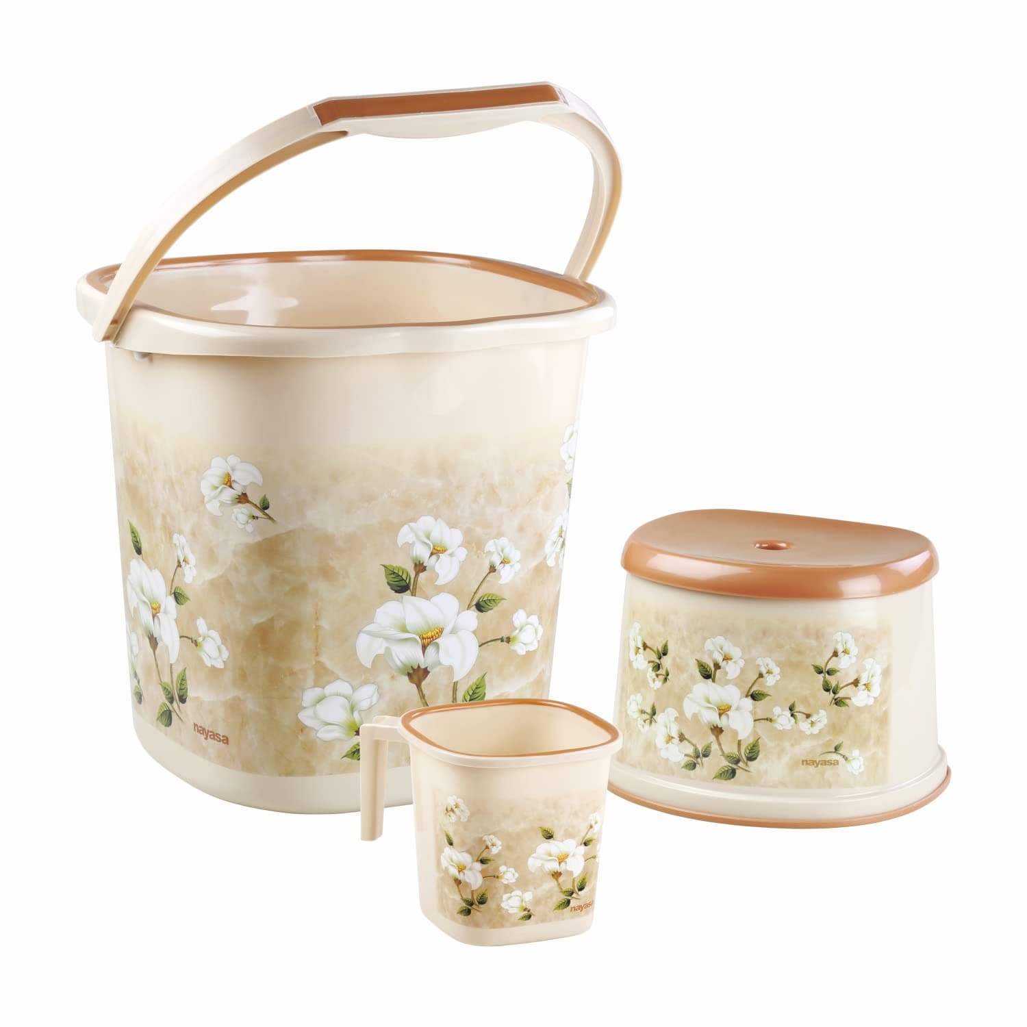 Nayasa Plastic Marble Bathroom Set of 3 | 25 LTR Bucket + 1.5 ML Mug + Stool | Bathroom Set | Bath Set for Bathroom | Cream