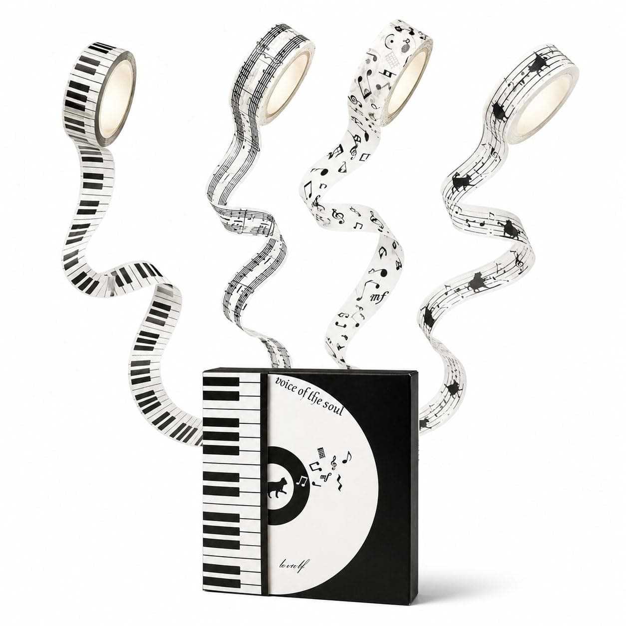 Black and White Piano Note Melody Keyboard Cat Staff Stave Score Music washi Tape Set of 4 Rolls - Decorative DIY Japanese Masking Scrapbook Notebook Planner