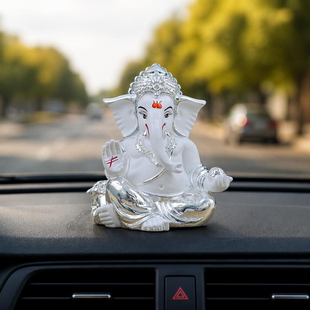 Gold Art India Ceramic Silver Plated White Gaddi Ganesh Idol for Car Dashboard Ganesha Murti Ganpati Idol for Home Decor Puja Lord Ganesh Statue Gift for Office Desk Puja Room 3.5 x 3 x 3 Inch