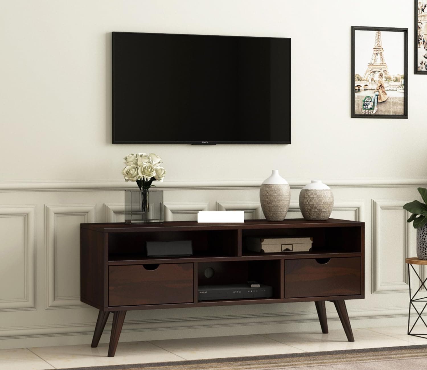 MetalTree Sheesham Wood TV Unit with 2 Drawers and 3-Shelf Storage - Perfect for Living Room - Fits up to 50-Inch TV (Medora, Walnut Finish)