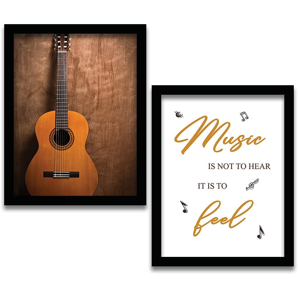 No Worries Music wall painting and posters with frame for wall decor Guitar framed poster / Posters for Living Room / Bed Room / Drawing Room / Office, etc. Modern art Framed Painting ( 11 inch x 14 inch, Framed ) Set of 2