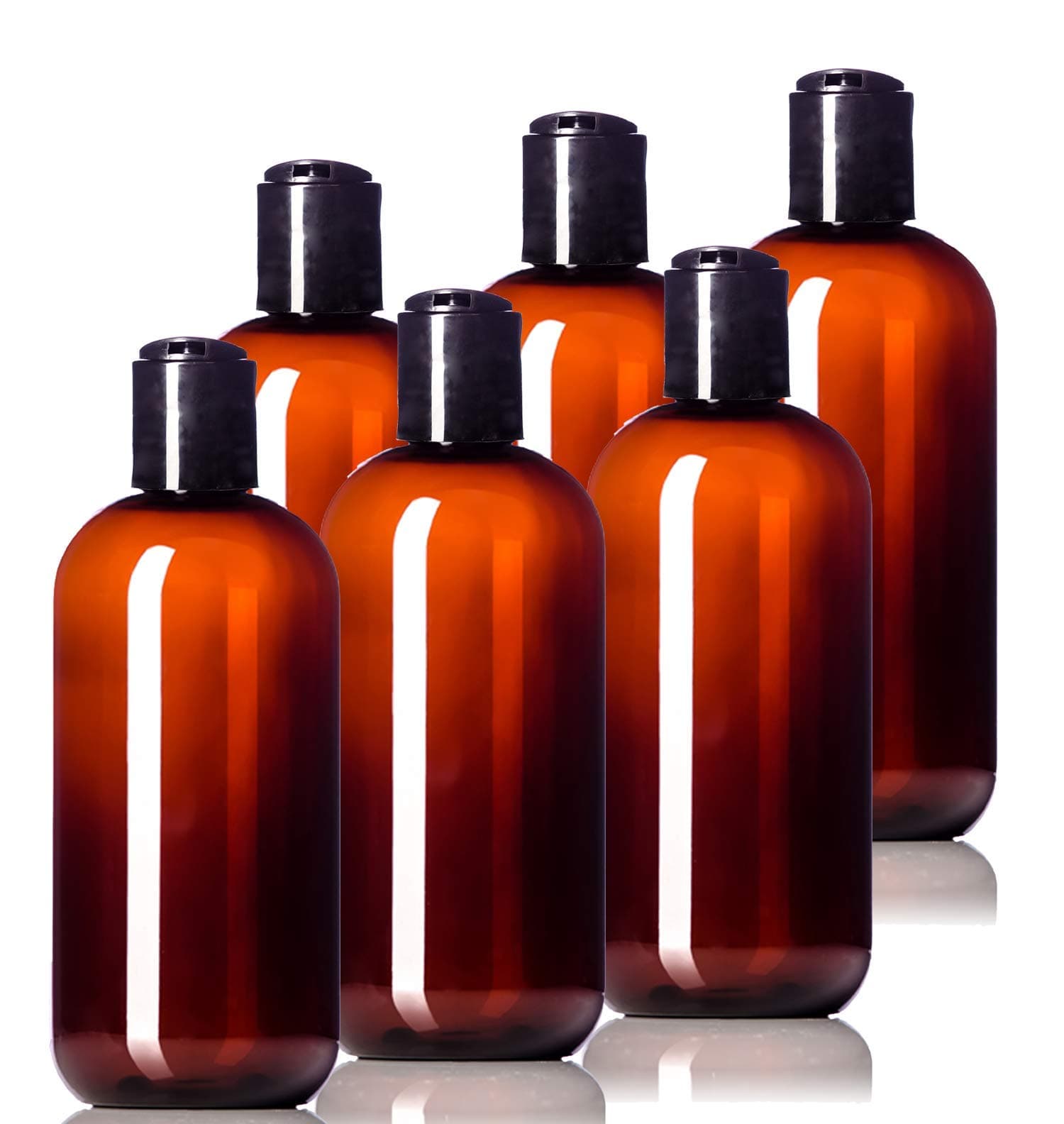 Aromine 8oz Plastic Amber Bottles (6 Pack) BPA-Free Squeeze Containers with Disc Cap, Labels Included