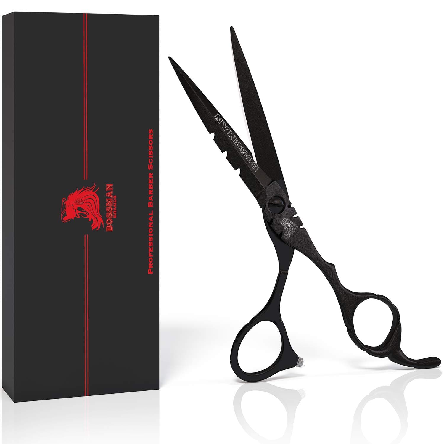 Bossman 5.5" Professional Barber Scissors for Men - Beard, Hair, Mustache Shears for Haircut, Grooming, Cutting and Trimming (Black)
