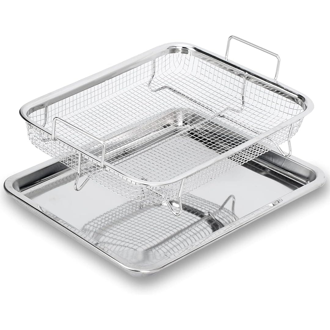 Alark 2 Piece Stainless Steel Air Fryer Basket for Oven, Crisper Tray and Basket Oven Air Fry Pan Mesh Basket Set,Non-Stick Crisper Oven Tray for Baking and Crispy Chicken,French Fries and Onion Rings