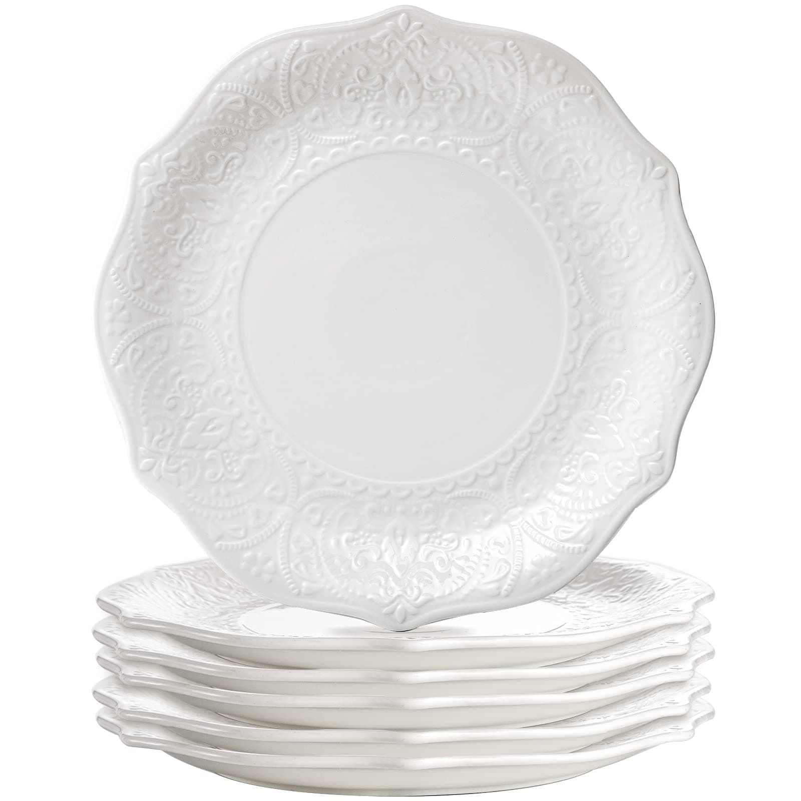 SOUJOY Set of 6 Porcelain Dinner Plate, 10.5'' White Dinner Dish, Embossed Printing Dinnerware Plate for Dinner, Restaurant, Family Party and Kitchen, Microwave, Oven, Dishwasher Safe