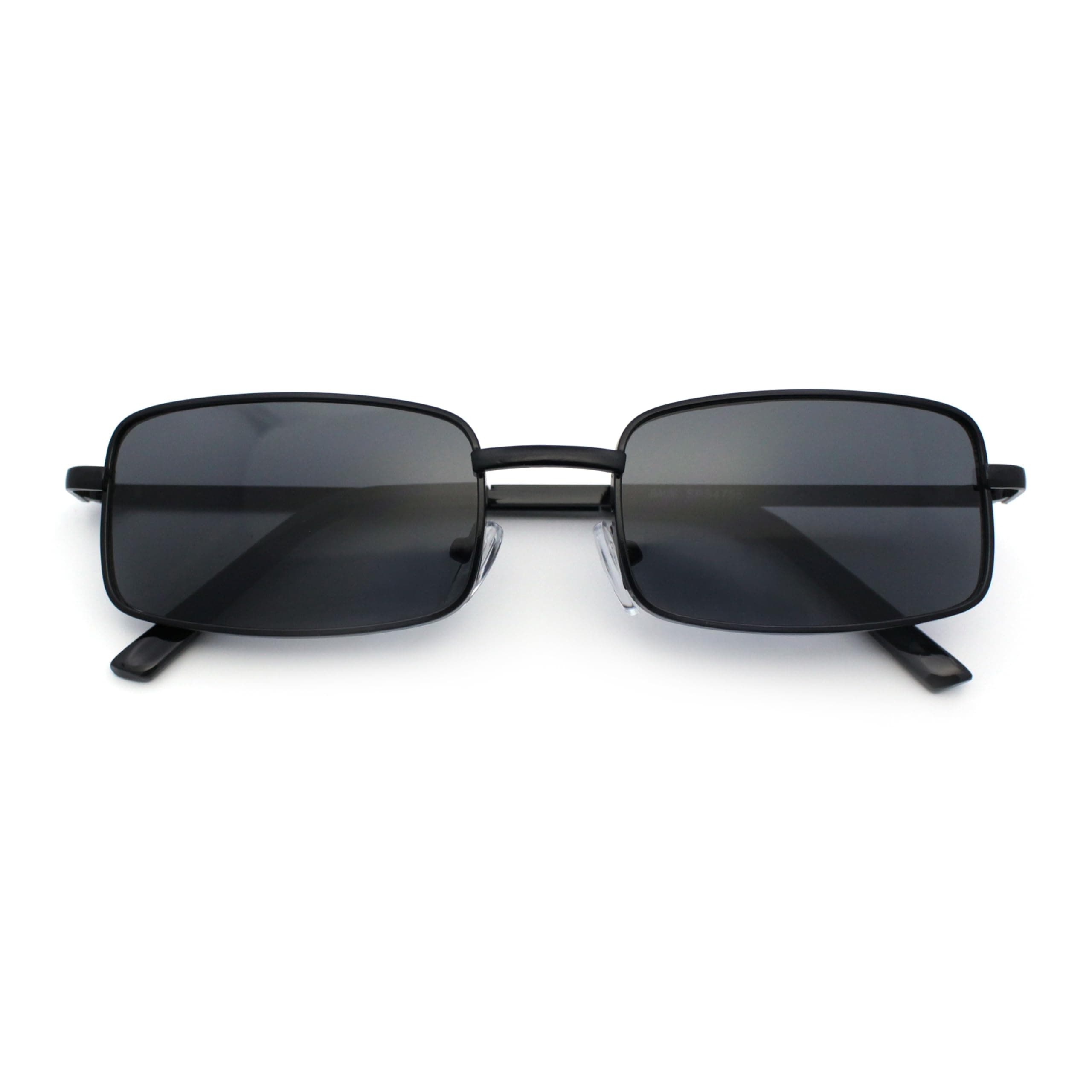 SA106 Mens Retro Vintage Narrow Rectangular Pimp Metal Mirrored Sunglasses All Black- Pack Of 1