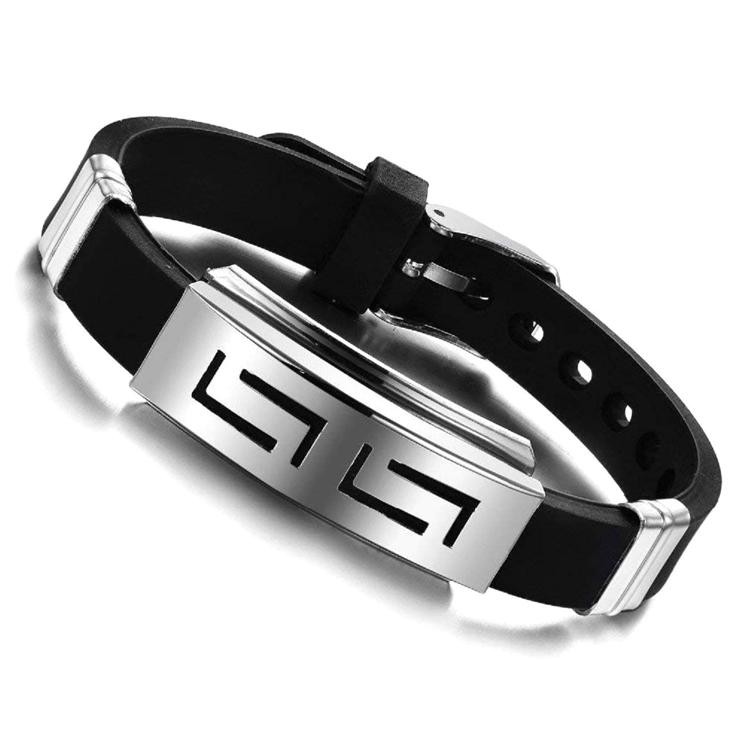 University Trendz Stainless Steel And Silicon Black Silver Wristband Cuff & Kadaa Bracelet With Adjustable Strap For Men And Women