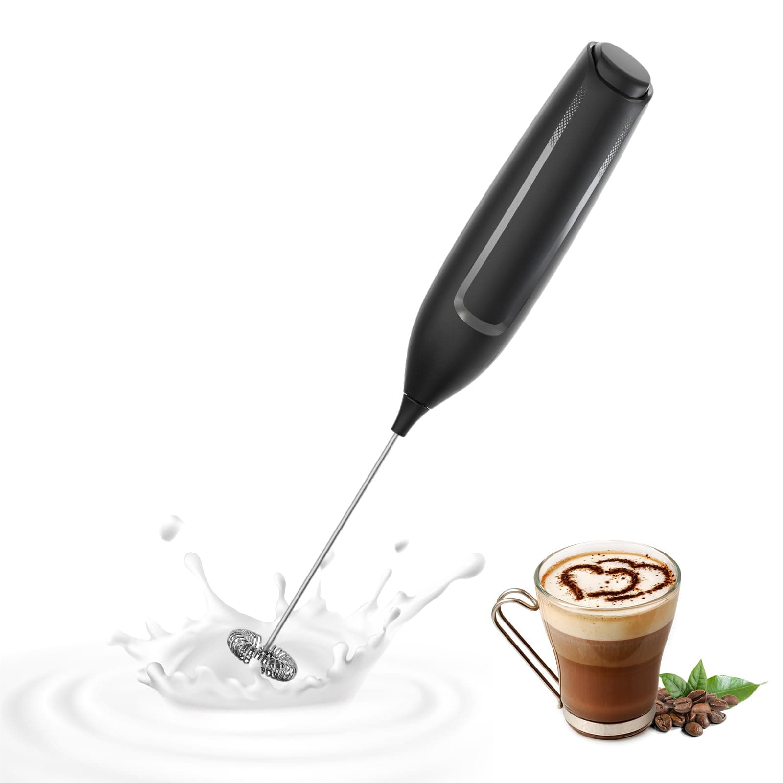 Powerful Milk Frother Handheld Battery, Electric Foam Maker Frother Wand, Drink Mixer with Stainless Steel Whisk for Coffee, Matcha, Lattes, Cappuccino Black