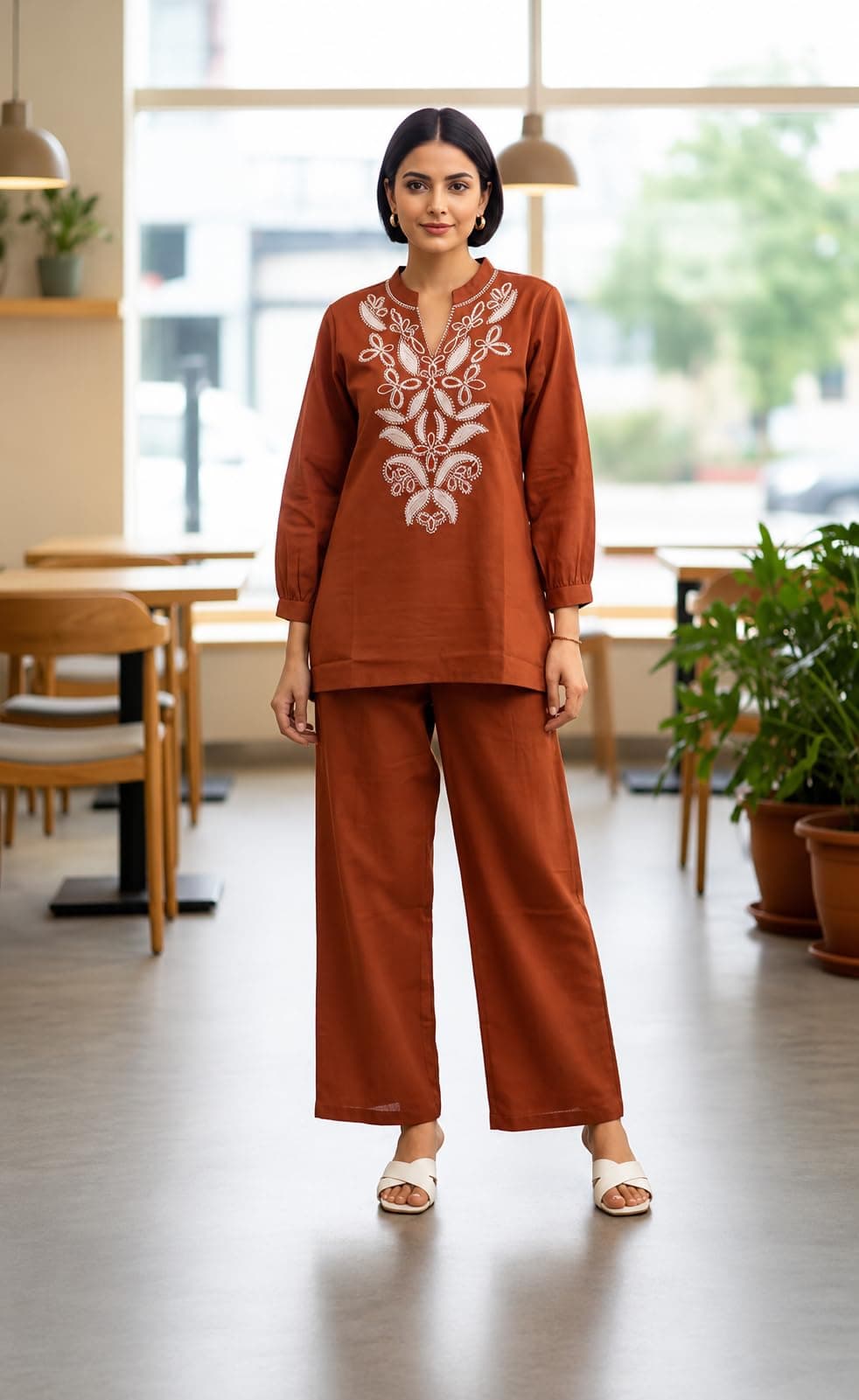 Suppar Sleave Women’s Embroidered Cotton Blend Ethnic Co-Ord Set with Floral Thread Work, Straight Kurti & Wide Leg Pants for Casual, Festive & Office Wear