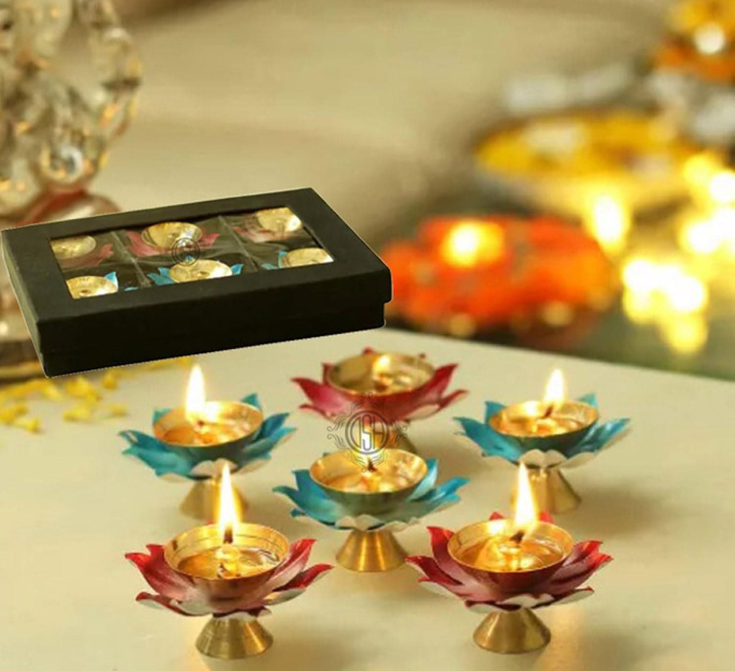 DSH Brass Diyas for Pooja Room Lotus Shape Set of 6 with Gift Box Akhand Jyot Diya Deepak Set for Diwali Festival Gift Item