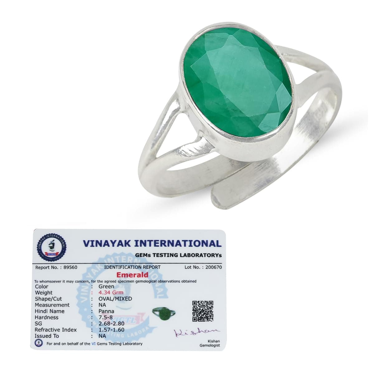 Crystu Natural Certified Panna Emerald Gemstone Ring Original Silver 925 Adjustable Ring for Women Men - 5 Ct Panna