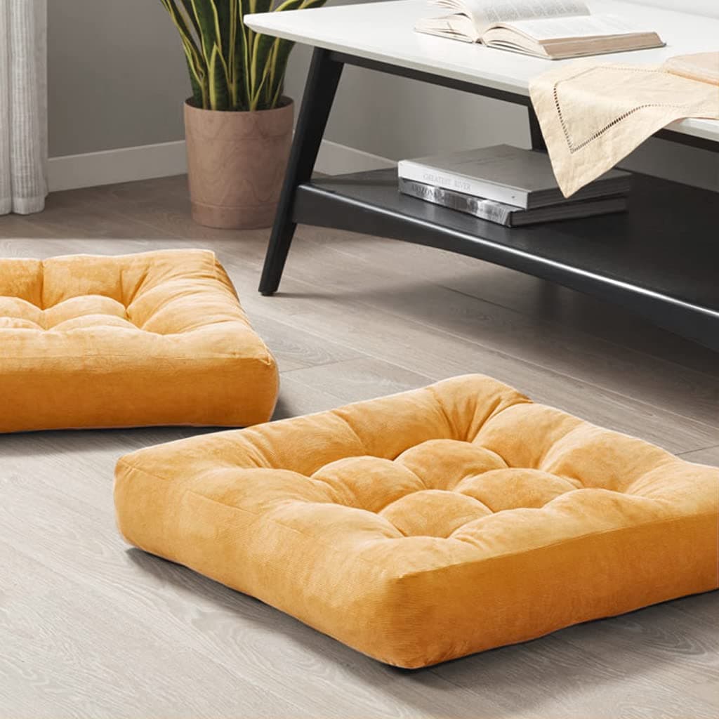 Square Tufted Corduroy Floor Cushions, Yellow Large Floor Pillows Seating for Adults and Kids, Meditation Pillow for Balcony Outdoor Tatami Living Room, 22x22 Inch, Set of 2