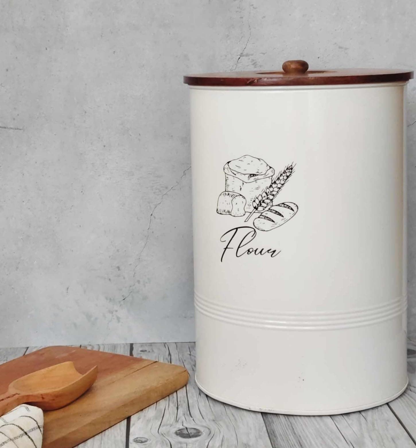 THE DECOR HOME'S Large Flour Storage Container for Atta with Airtight Wooden Lid | Modern Off-White Design | Galvanized Iron | BPA-Free, Lead-Free | Food-Grade Storage (10000ml)