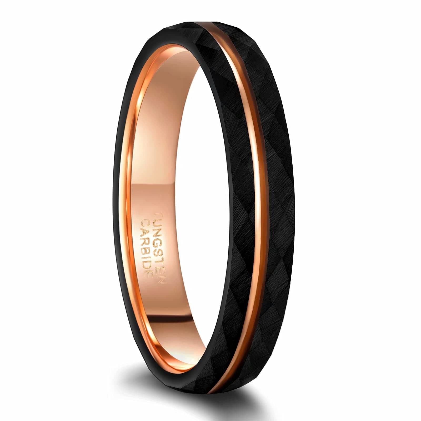 Frank S.Burton 4mm 6mm 8mm Black Tungsten Rings for Men Women 24K Rose Gold Line Faceted Wedding Bands Ring Brushed Matte Finished Comfort Fit Size 5-14