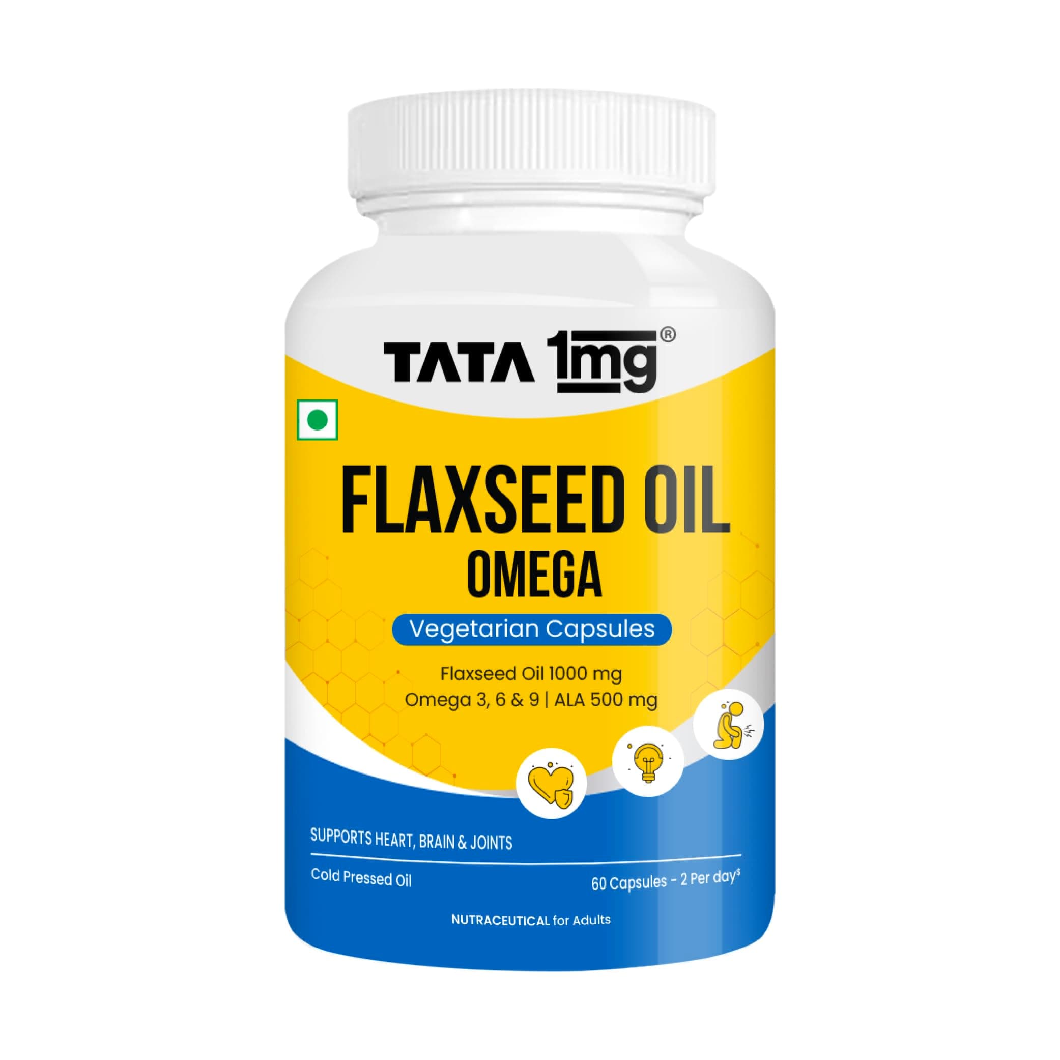 TATA 1mg Vegetarian Omega 3 Capsules 1000mg | Extra Virgin Cold Pressed Flaxseed Oil supplement with Omega 3, 6 & 9 | Veg Omega 3 capsules for healthy heart, brain & gut | Plant based | Pack of 60