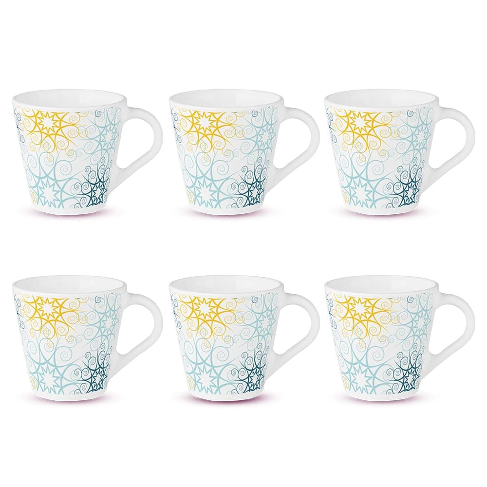 Larah by BOROSIL Novelty Series Maya Opalware Mug, Set of 6 Tea/Coffee Mugs, 160 ml Each, Microwave & Dishwasher Safe, Bone-Ash Free, Crockery Set Ideal for Daily Use & Gifting, White