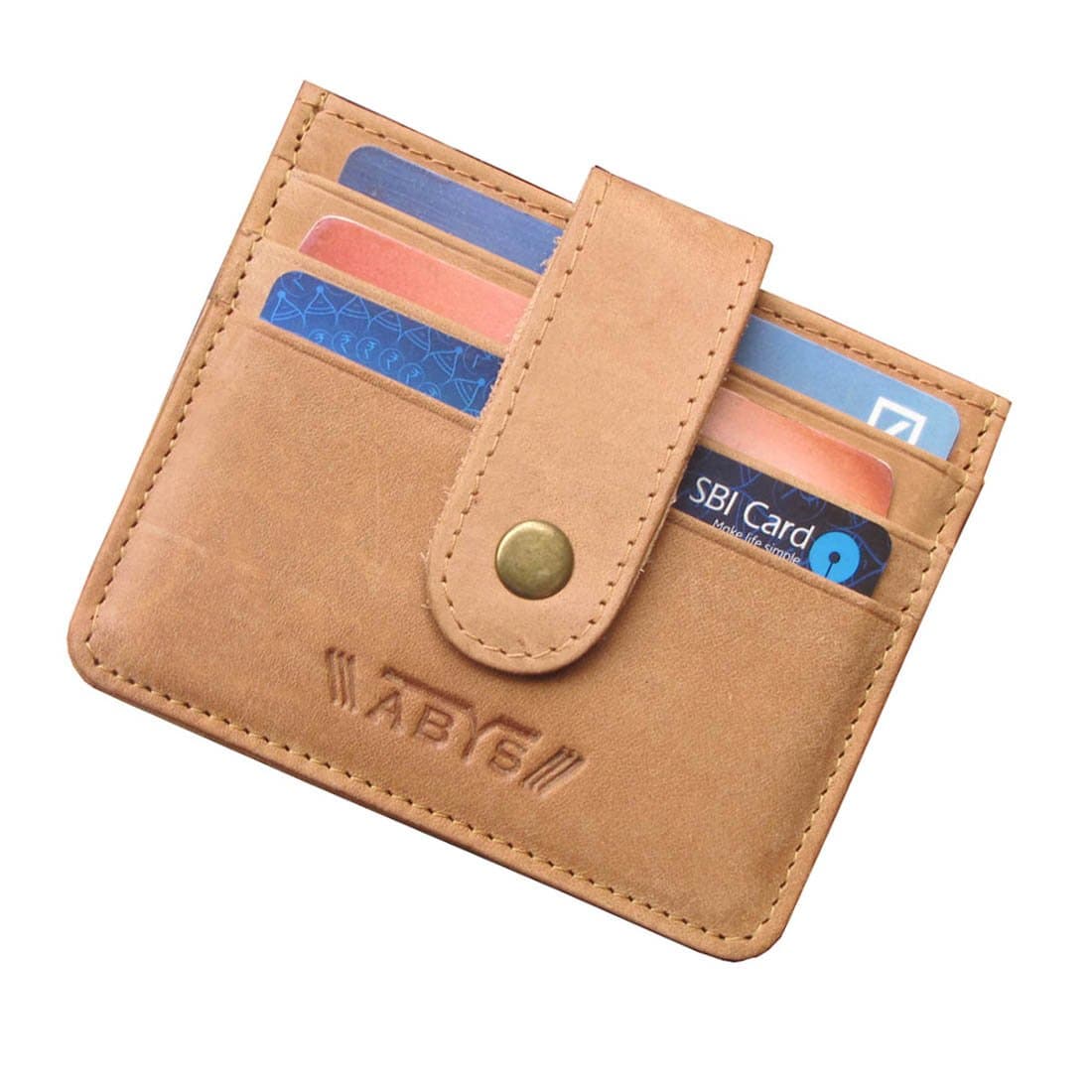 ABYS Genuine Leather Coin Purse||Business Card Case||Id Case||Credit Card Case||Debit Card Case||Card Holder with Button Closure(Tan)