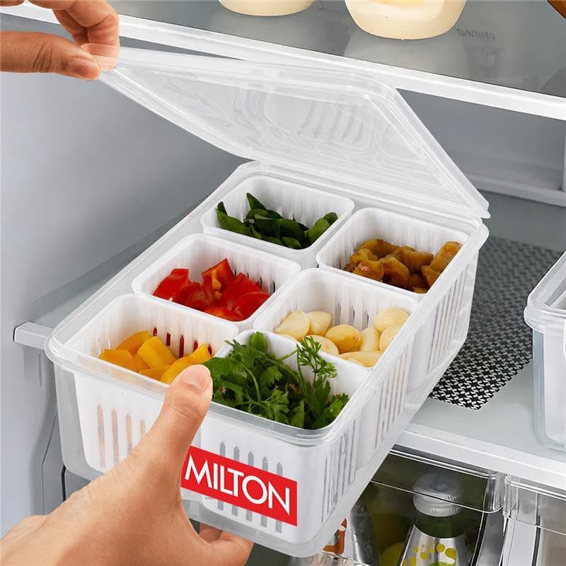 MILTON 6-in-1 Grid Fridge Storage Containers Fridge Organizer Container & Lid, Stackable Box, Space Saving Plastic Containers for Chopped Vegetables, Fruits